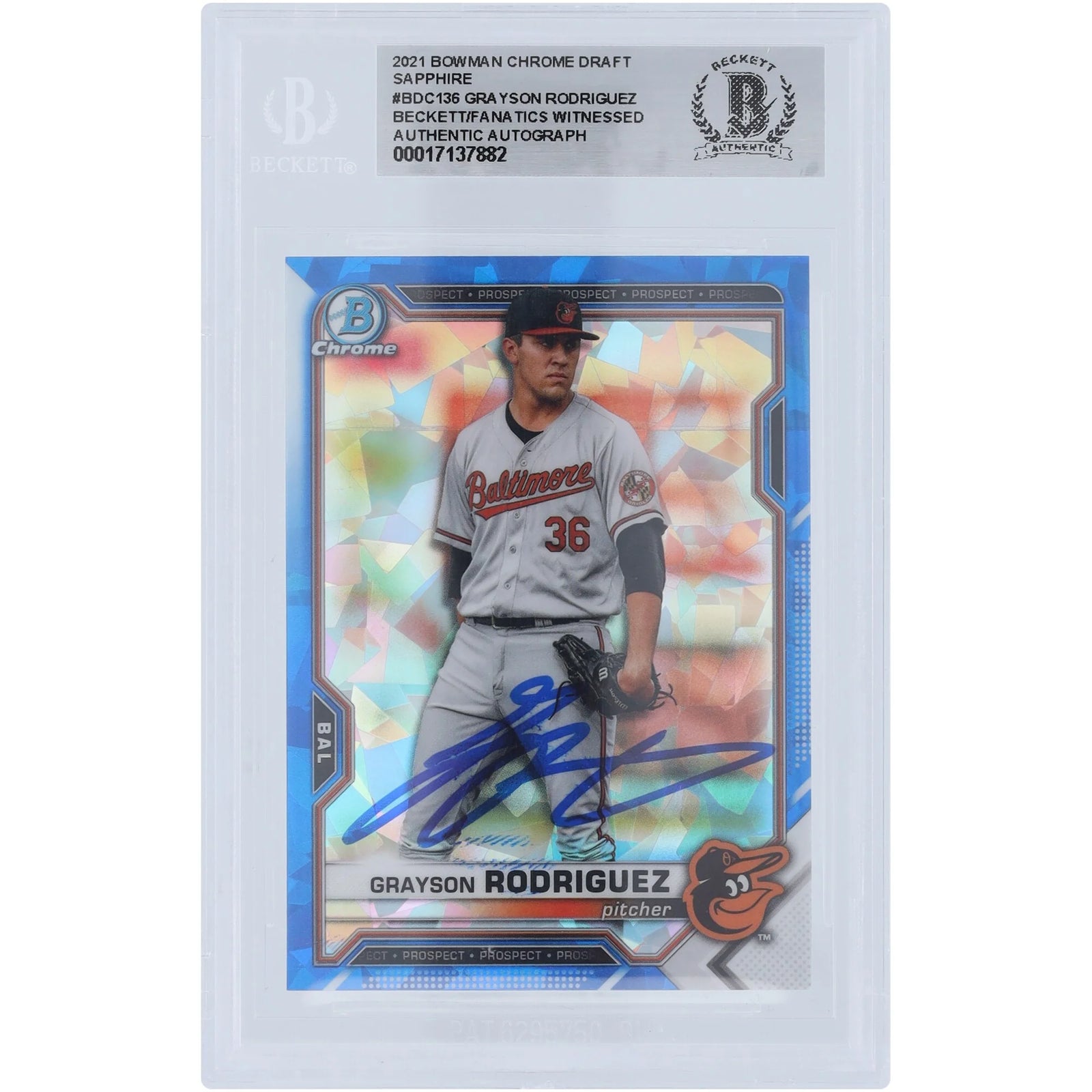 Grayson Rodriguez Baltimore Orioles Autographed 2021 Bowman Chrome Draft Sapphire #BDC-136 Beckett Fanatics Witnessed Authenticated Card - F3
