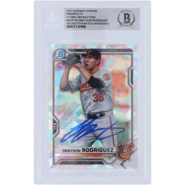 Grayson Rodriguez Baltimore Orioles Autographed 2021 Bowman Chrome Prospects Atomic Refractor #BCP-118 Beckett Fanatics Witnessed Authenticated Card - F2