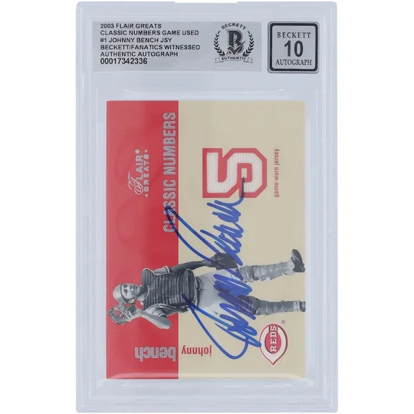 Johnny Bench Signed 2003 Fleer Flair Greats Jersey Relic Card | Graded 10