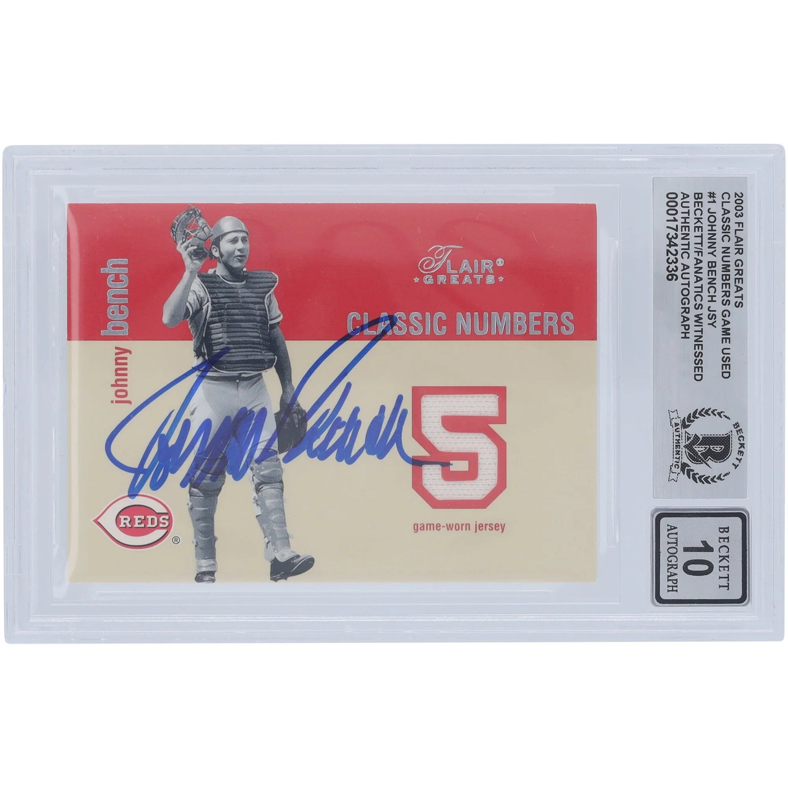 Johnny Bench Signed 2003 Fleer Flair Greats Jersey Relic Card | Graded 10