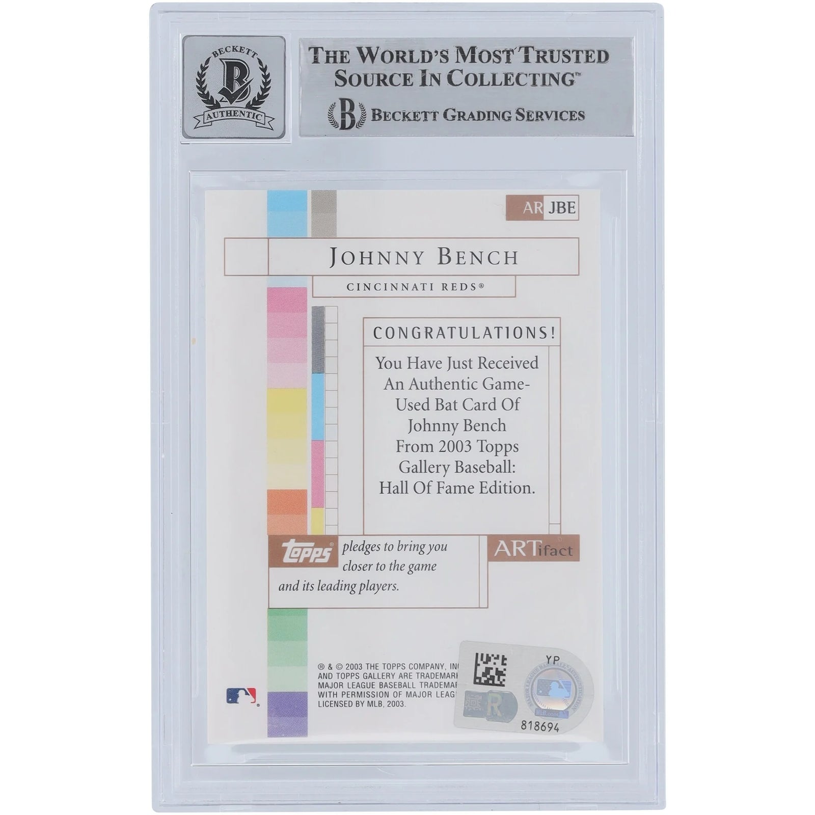 Johnny Bench Signed 2003 Topps Gallery Artifacts Bat Relic Card | Beckett 10