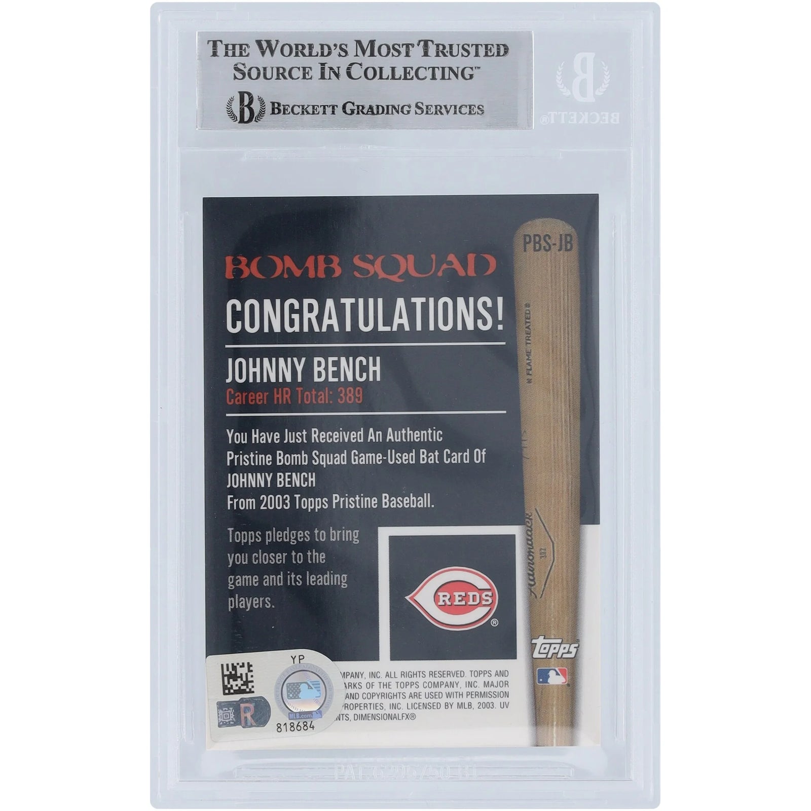 Johnny Bench Signed 2003 Topps Pristine Bomb Squad Bat Relic Card | Beckett Authenticated