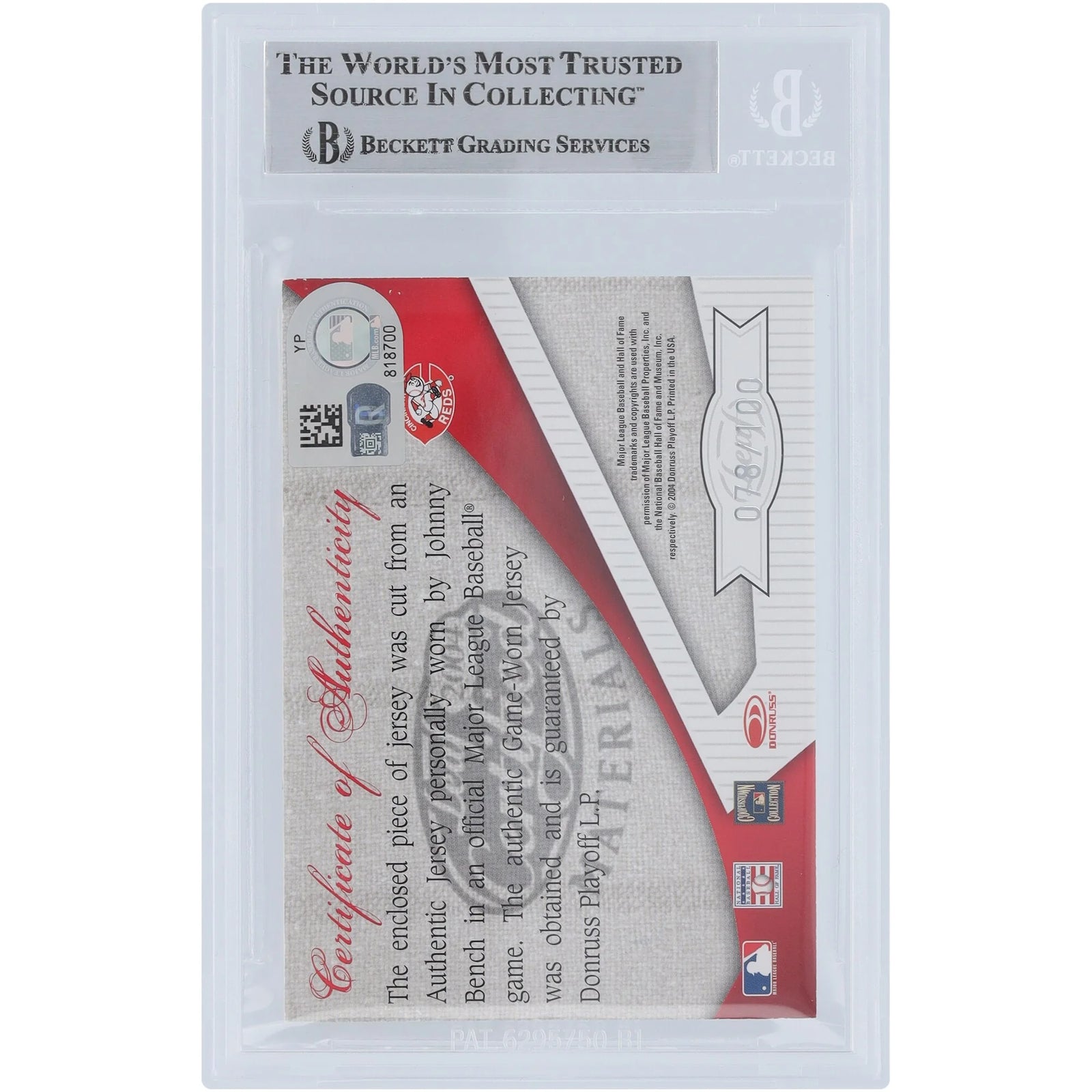 Johnny Bench Signed 2004 Donruss Leaf Certified Materials Card | #FG-JB #/100