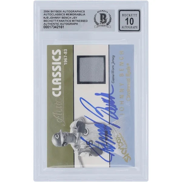 Johnny Bench Signed 2004 Fleer Skybox Autographics Jersey Relic Card | Graded 10