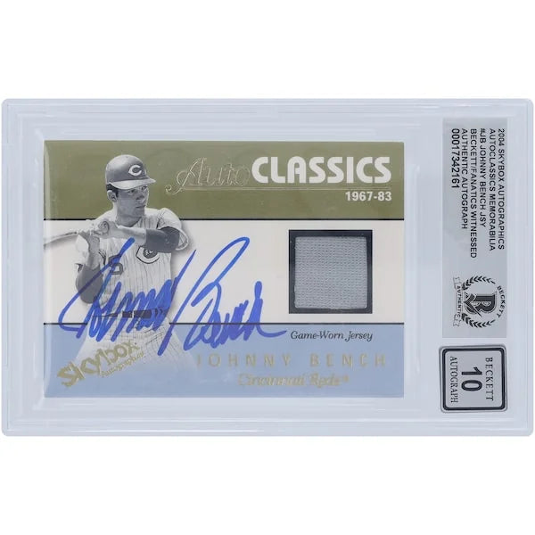 Johnny Bench Signed 2004 Fleer Skybox Autographics Jersey Relic Card | Graded 10