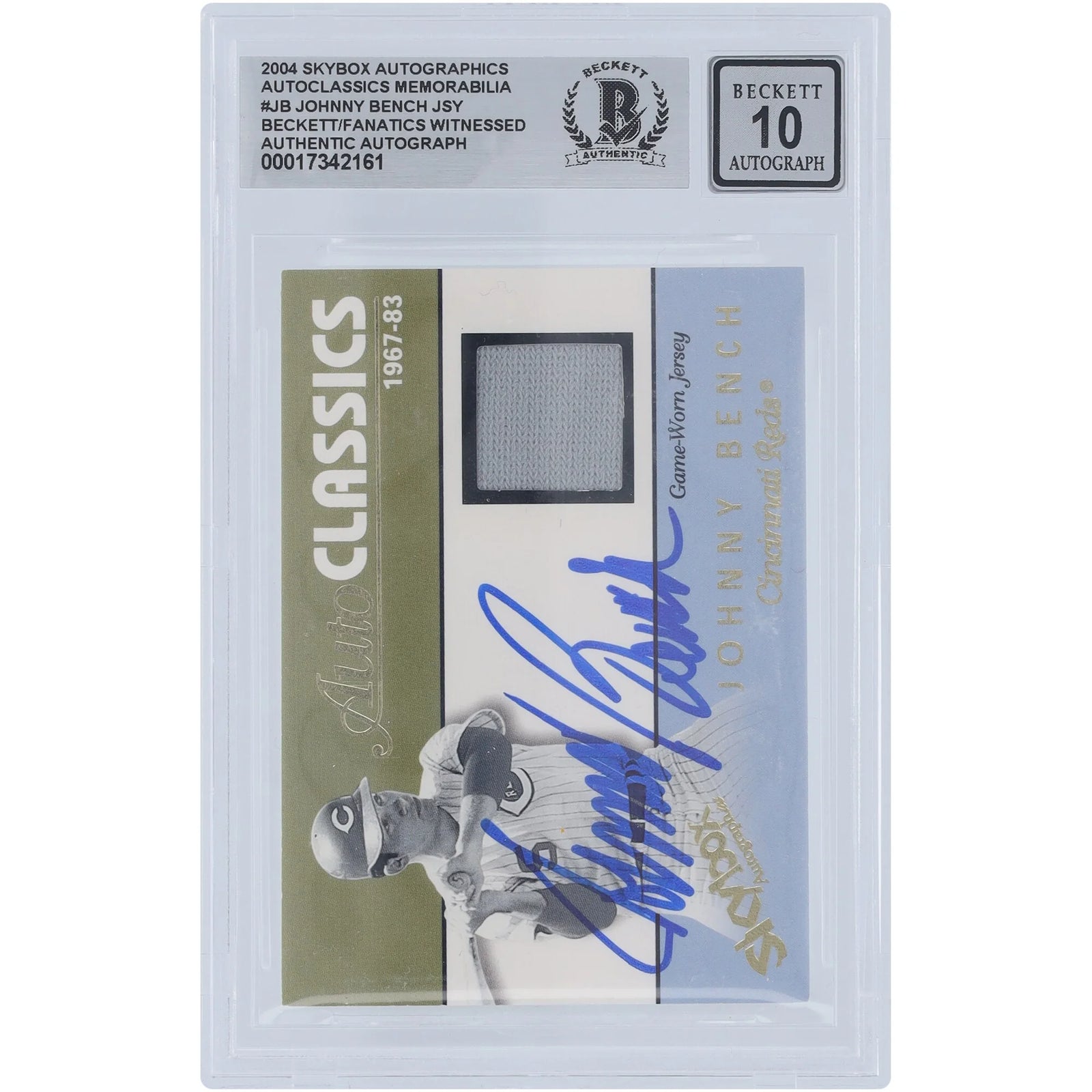 Johnny Bench Signed 2004 Fleer Skybox Autographics Jersey Relic Card | Graded 10