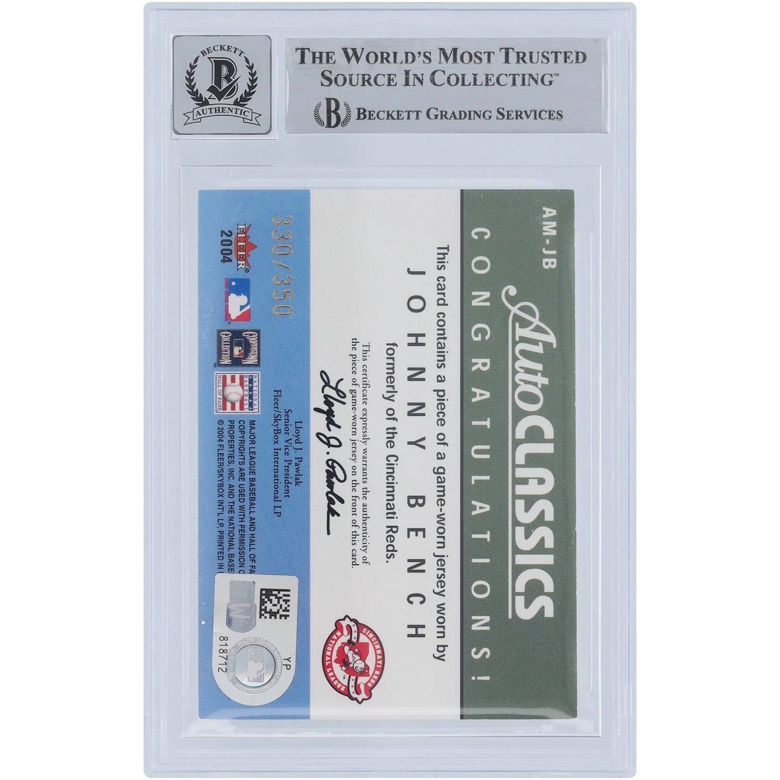 Johnny Bench Signed 2004 Fleer Skybox Autographics Jersey Relic Card | Graded 10