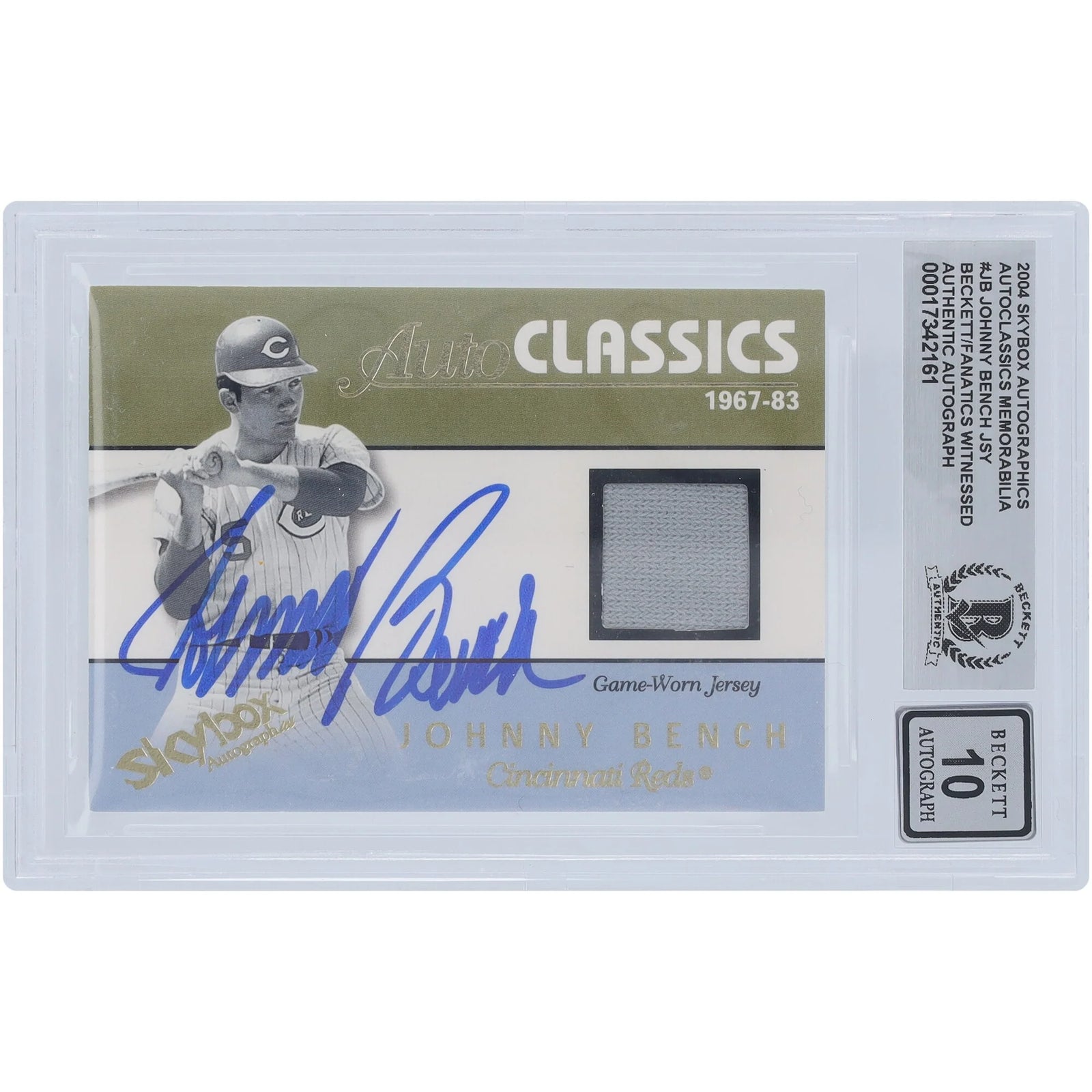 Johnny Bench Signed 2004 Fleer Skybox Autographics Jersey Relic Card | Graded 10
