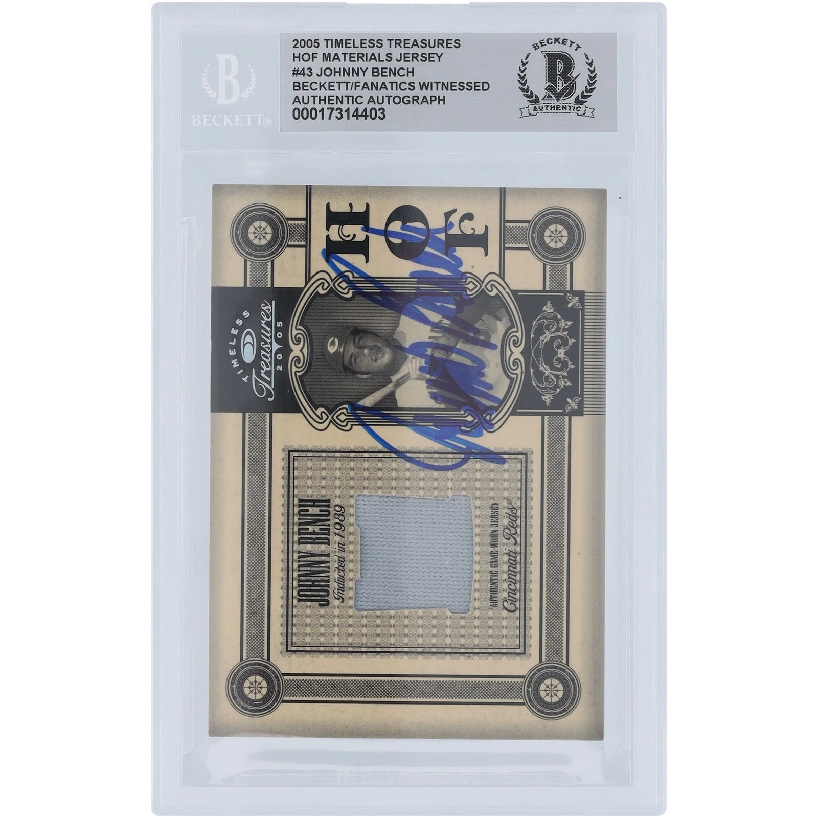 Johnny Bench Signed 2005 Donruss Timeless Treasures HOF Materials Jersey Relic | #/50 Beck