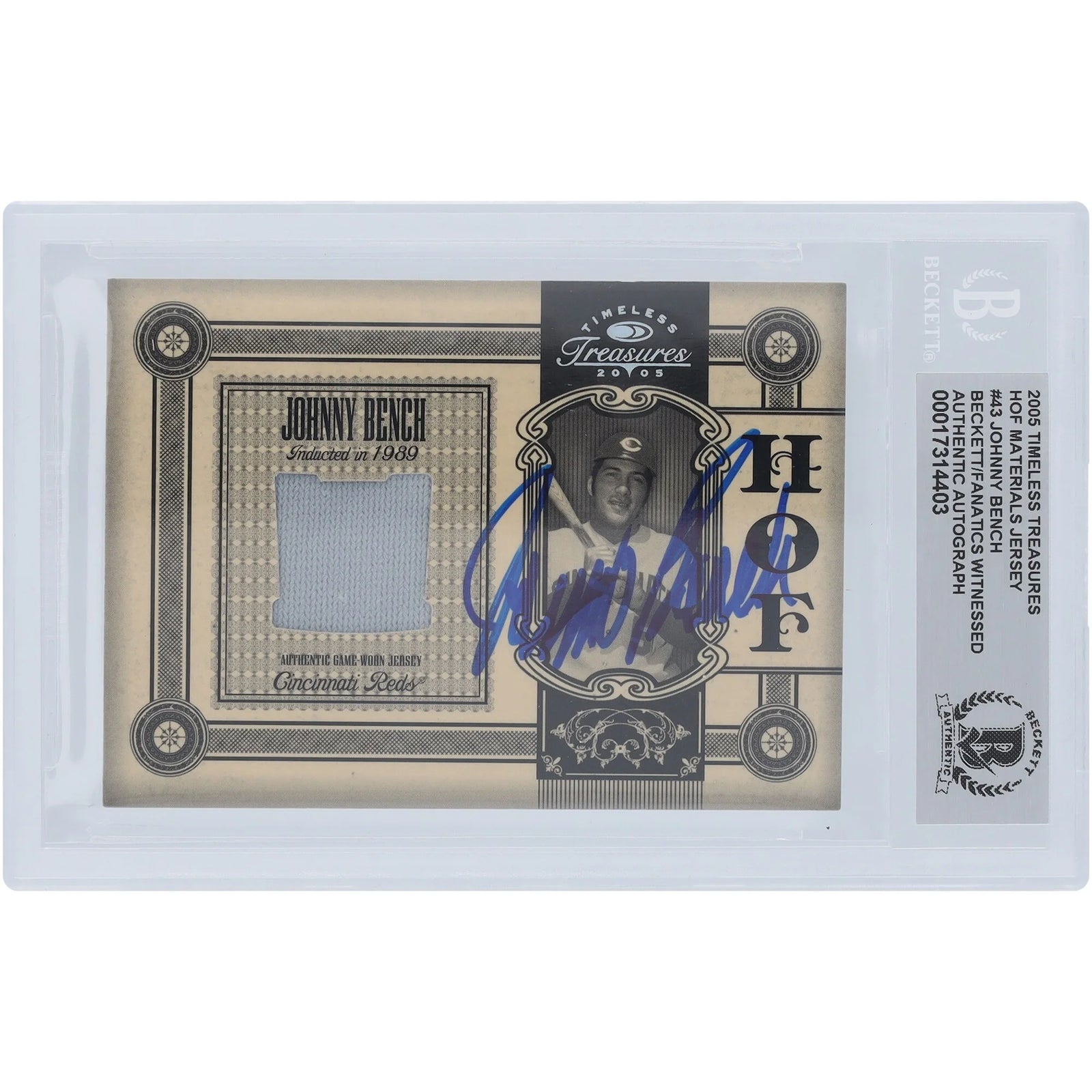 Johnny Bench Signed 2005 Donruss Timeless Treasures HOF Materials Jersey Relic | #/50 Beck