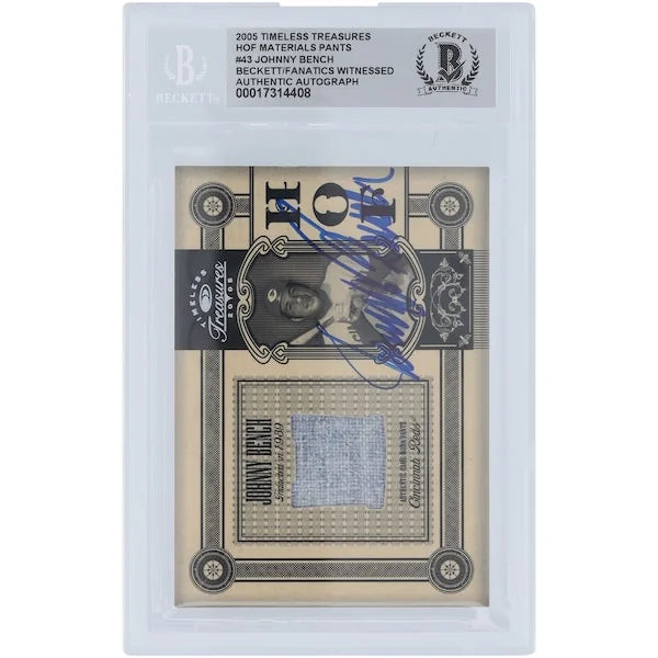 Johnny Bench Cincinnati Reds Autographed 2005 Donruss Timeless Treasures HOF Materials Jersey Relic #HOF-43 #/50 Beckett Fanatics Witnessed Authenticated Card - F2