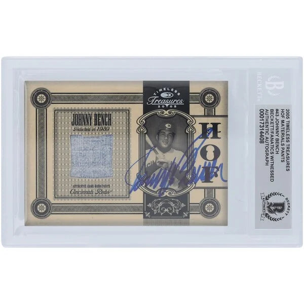 Johnny Bench Cincinnati Reds Autographed 2005 Donruss Timeless Treasures HOF Materials Jersey Relic #HOF-43 #/50 Beckett Fanatics Witnessed Authenticated Card - F2