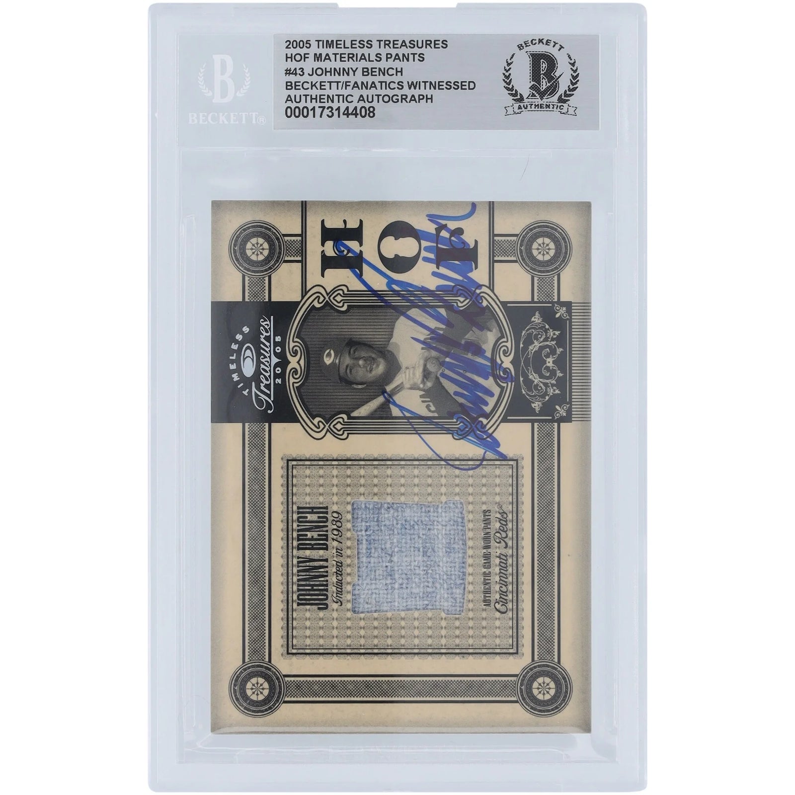 Johnny Bench Cincinnati Reds Autographed 2005 Donruss Timeless Treasures HOF Materials Jersey Relic #HOF-43 #/50 Beckett Fanatics Witnessed Authenticated Card - F2