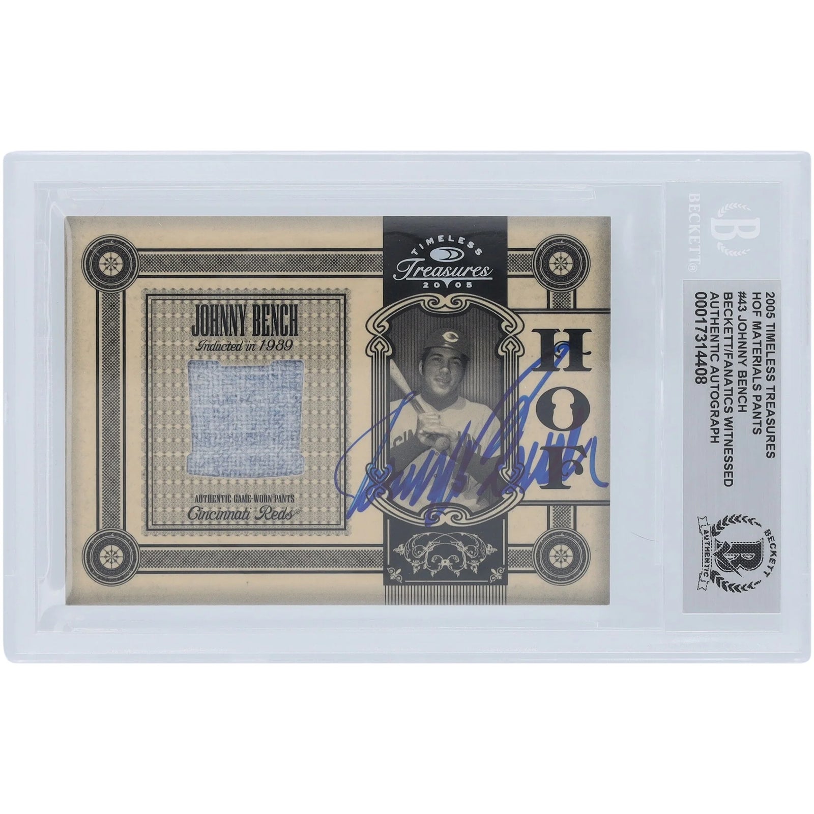 Johnny Bench Cincinnati Reds Autographed 2005 Donruss Timeless Treasures HOF Materials Jersey Relic #HOF-43 #/50 Beckett Fanatics Witnessed Authenticated Card - F2