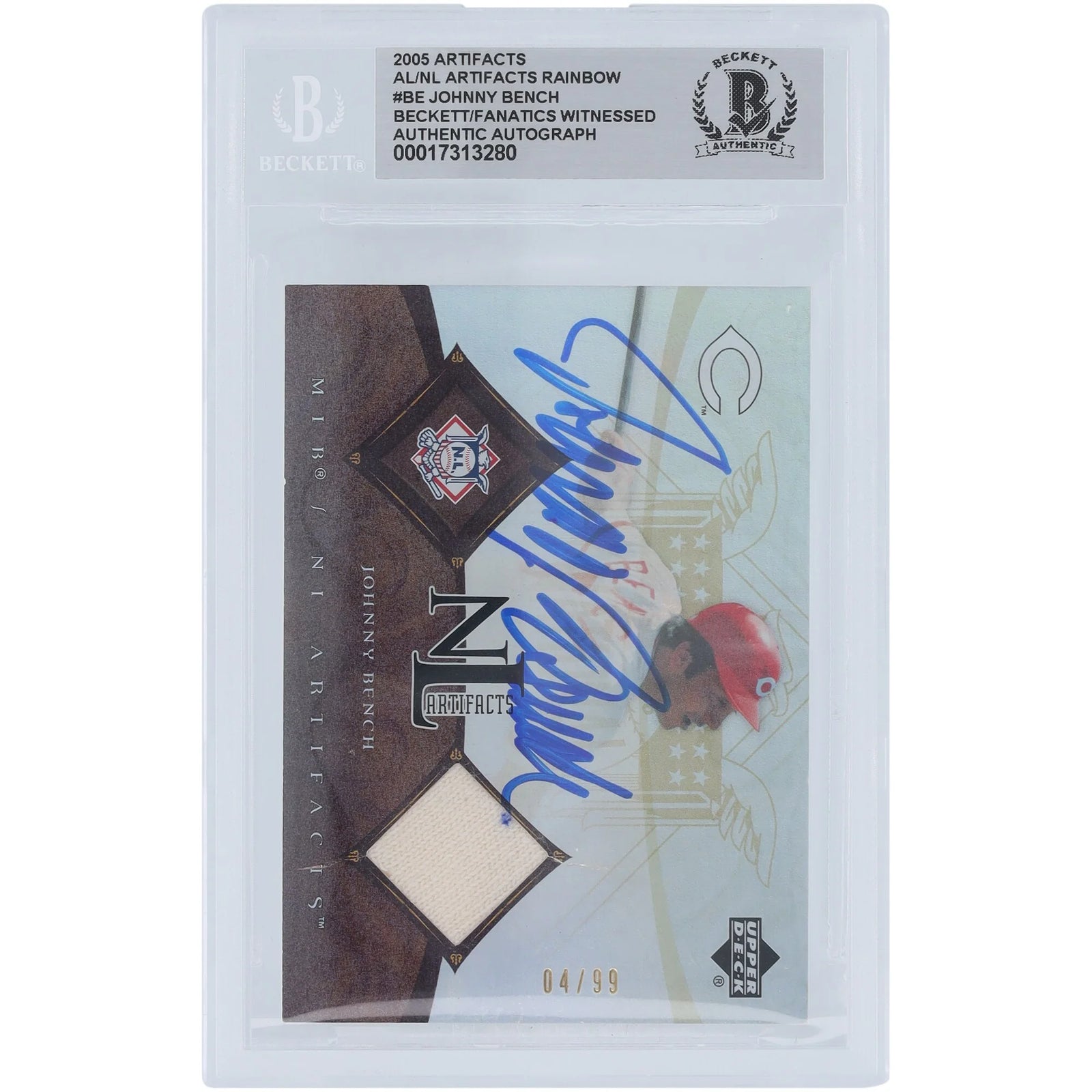 Johnny Bench Signed 2005 Upper Deck Artifacts Rainbow Jersey Relic Card | #/99
