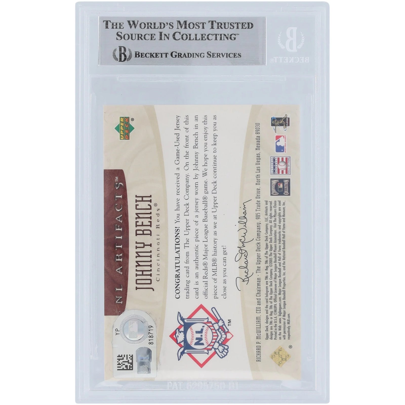 Johnny Bench Signed 2005 Upper Deck Artifacts Rainbow Jersey Relic Card | #/99