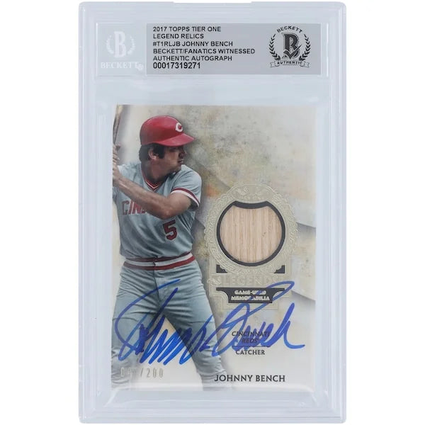 Johnny Bench Signed 2017 Topps Tier One Legends Bat Relic Card | #/200