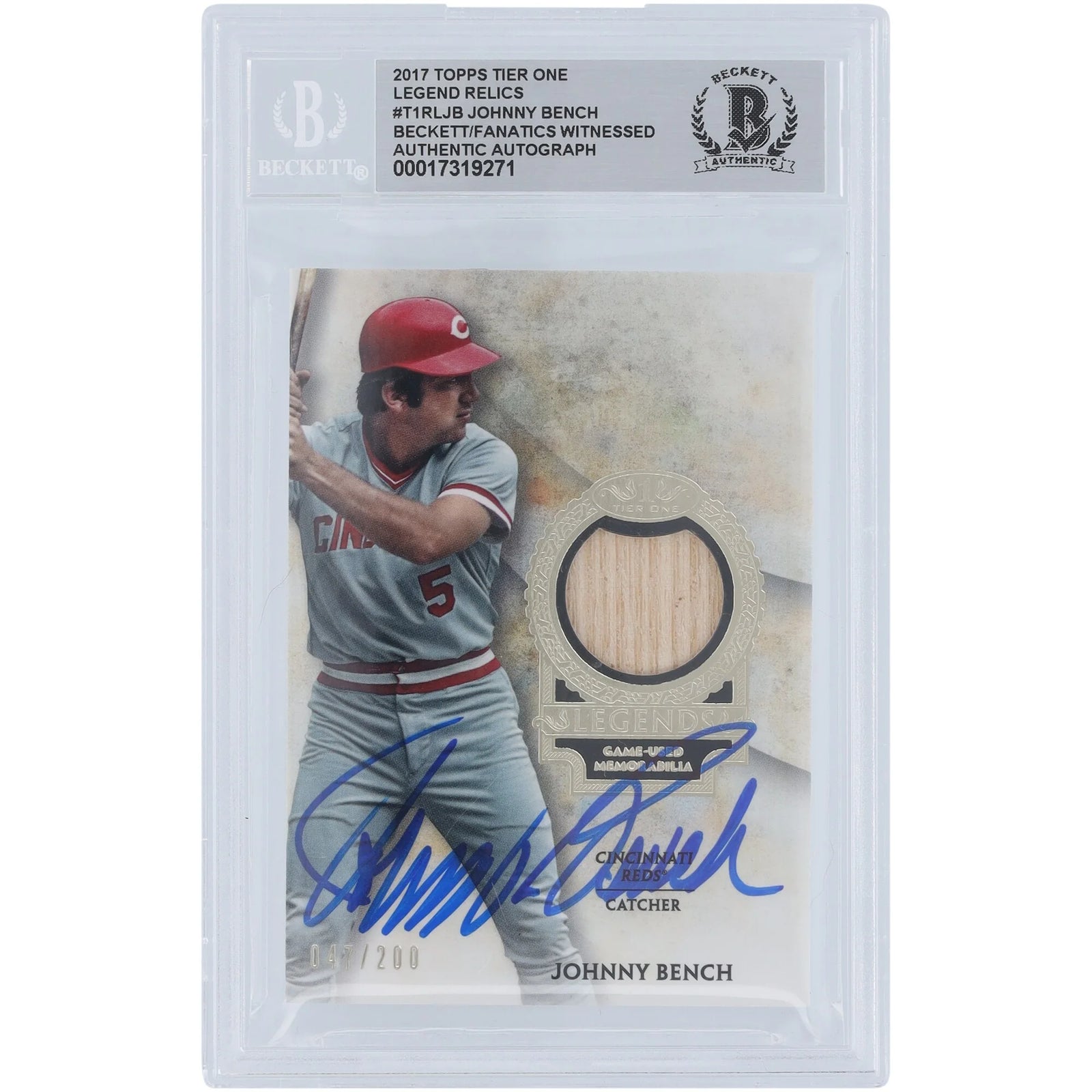 Johnny Bench Signed 2017 Topps Tier One Legends Bat Relic Card | #/200