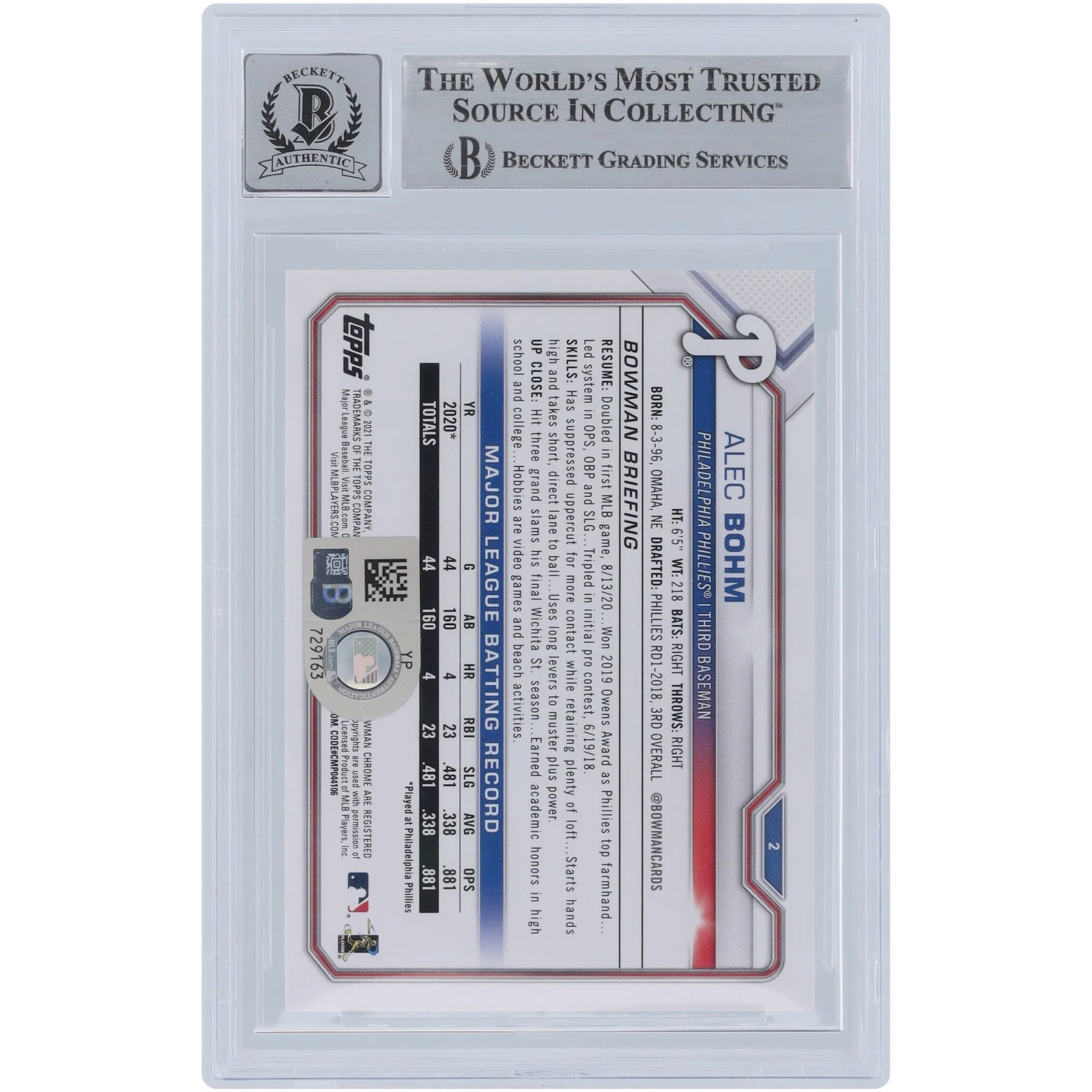 Alec Bohm Signed 2021 Bowman #2 Rookie Card | Beckett Graded 10