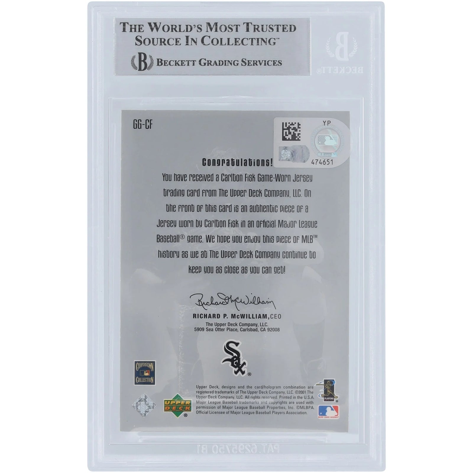Carlton Fisk Signed 2001 Upper Deck Gold Glove Game Jersey Relic Card | Beckett Authentica