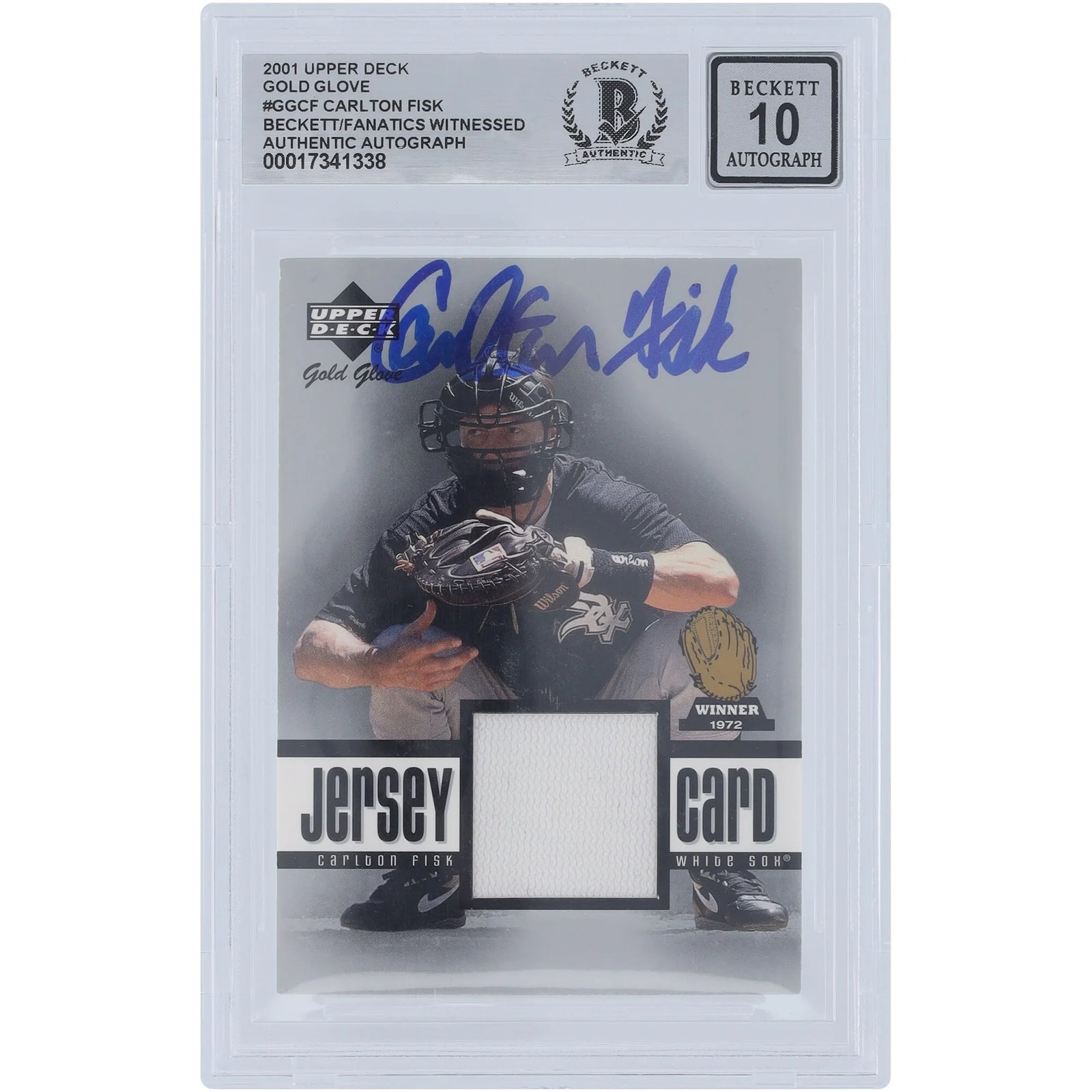 Carlton Fisk Signed 2001 Upper Deck Gold Glove Game Jersey Relic Card | Beckett 10