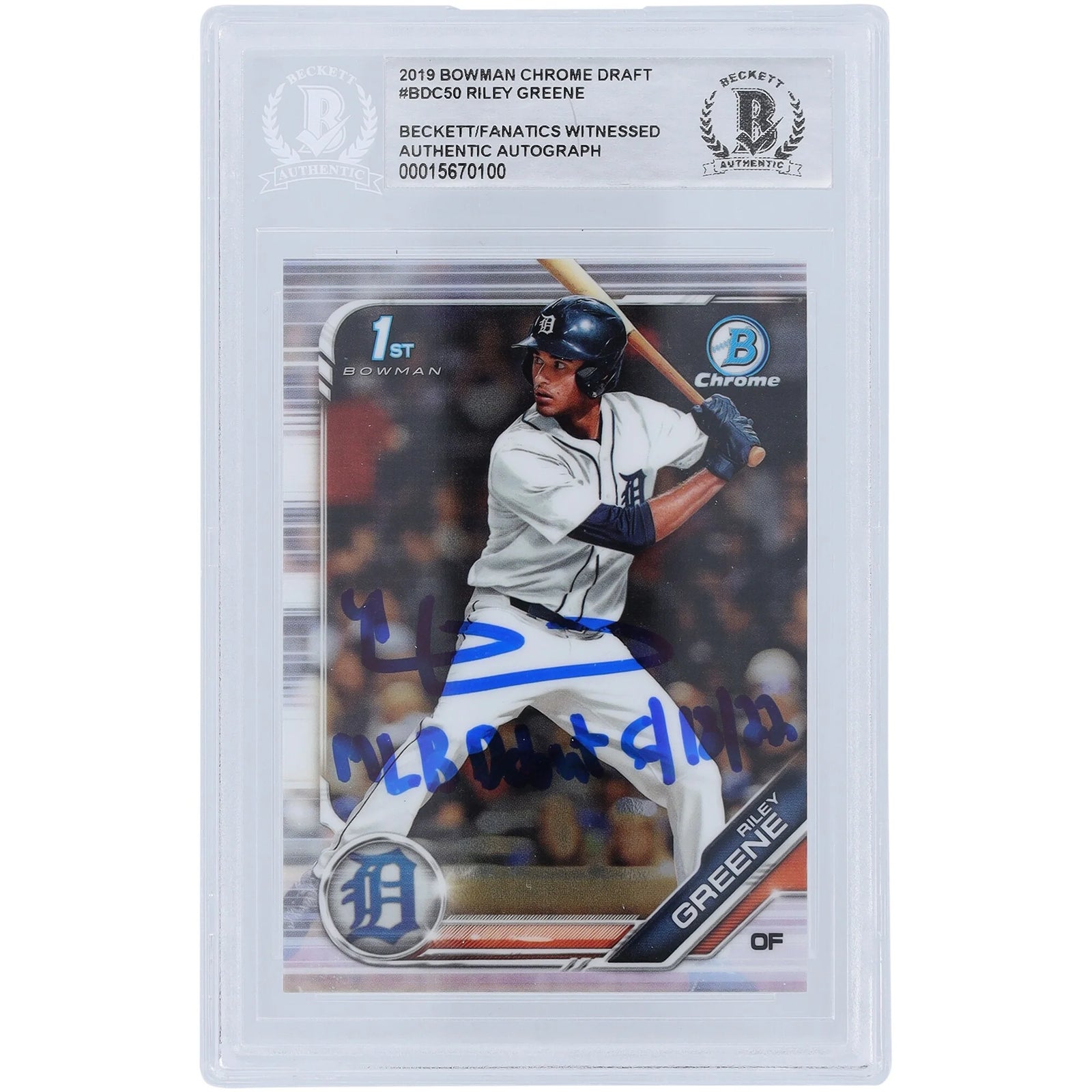 Riley Greene Detroit Tigers Autographed 2019 Bowman Chrome Draft #BDC-50 Beckett Fanatics Witnessed Authenticated Rookie Card with "MLB Debut 6-18-22" Inscription - F2