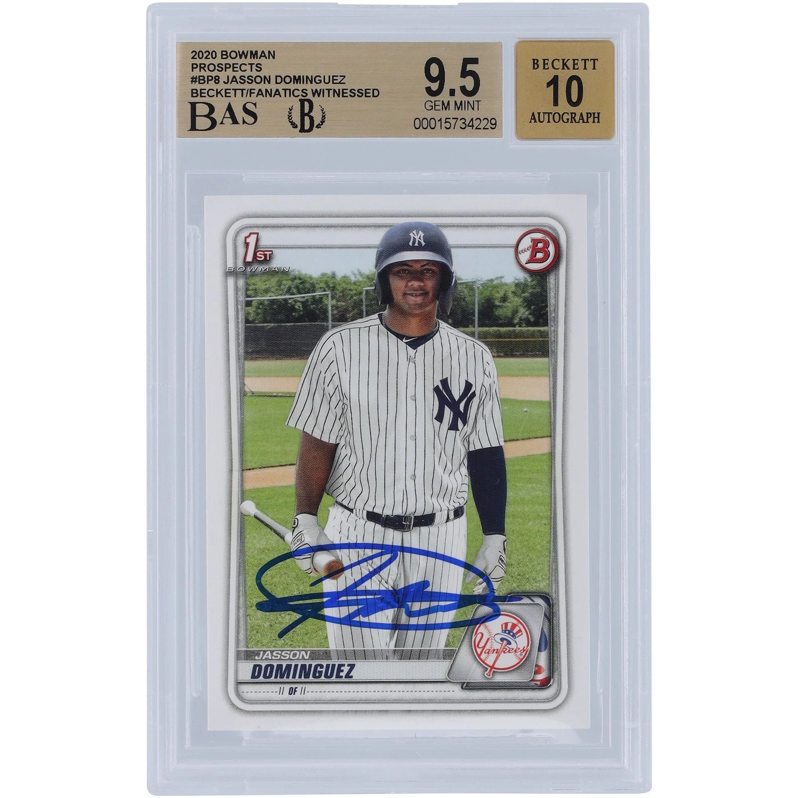Jasson Dominguez Signed 2020 Bowman Series 1 #BP-8 Rookie Card | Beckett 9.5