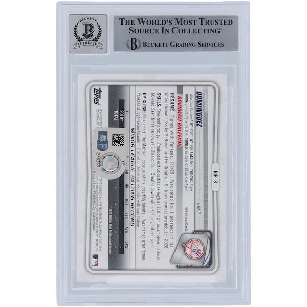 Jasson Dominguez Signed 2020 Bowman Series 1 #BP-8 Rookie Card | Graded 10