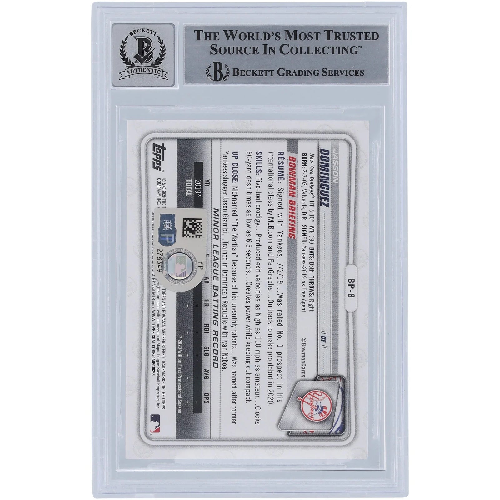 Jasson Dominguez Signed 2020 Bowman Series 1 #BP-8 Rookie Card | Graded 10