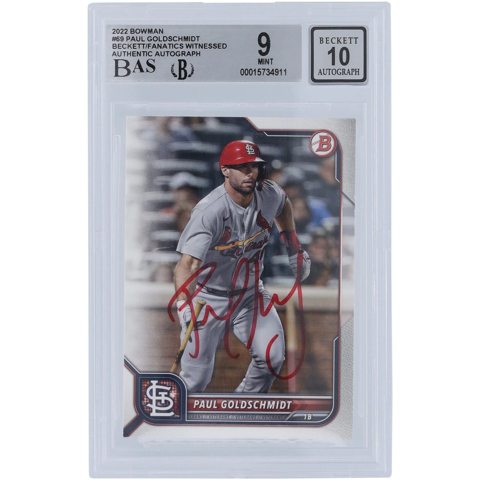 Paul Goldschmidt Signed 2022 Bowman Series 1 #69 Card | Beckett 9