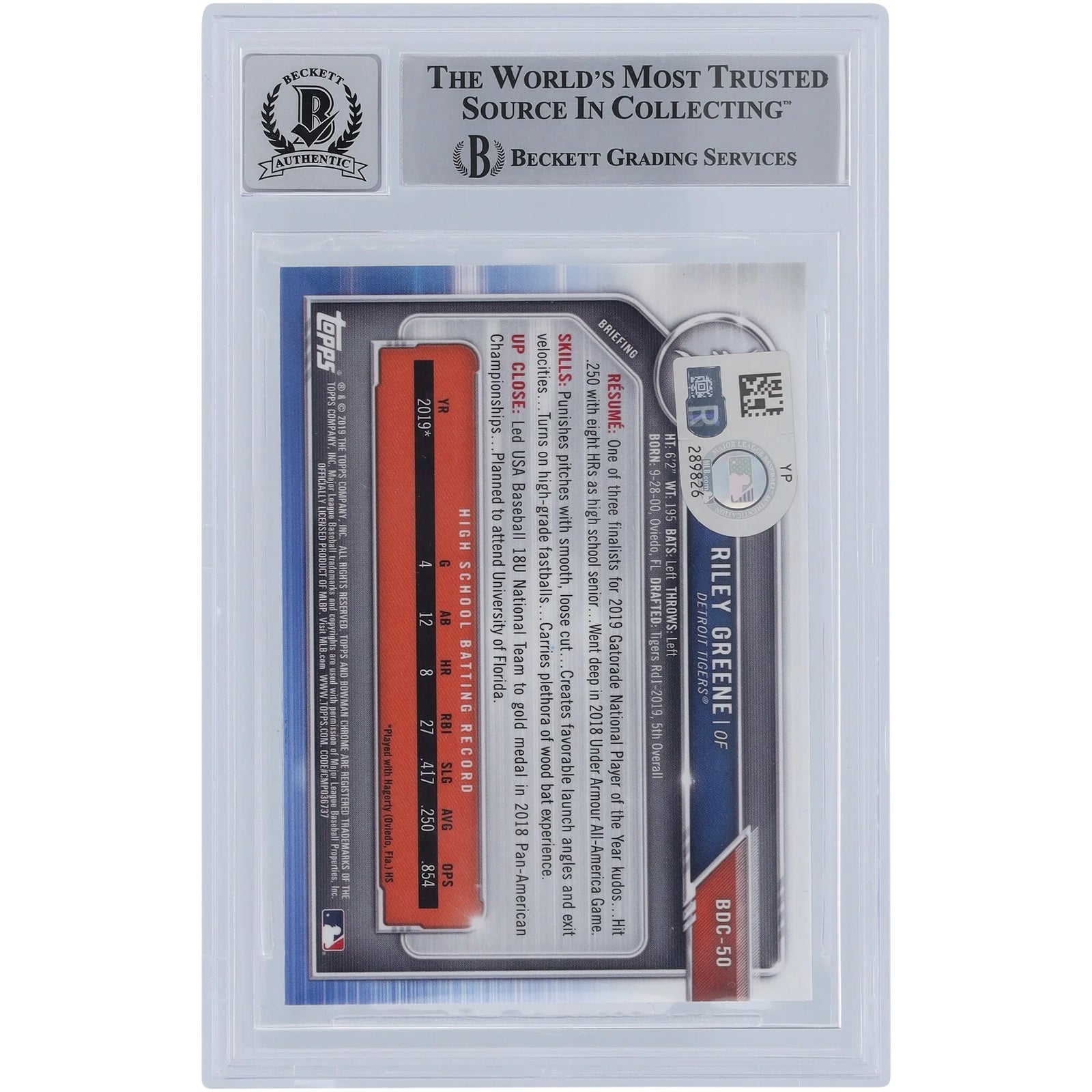 Riley Greene Signed 2019 Bowman Chrome Draft #BDC-50 Rookie Card | MLB Debut Inscription