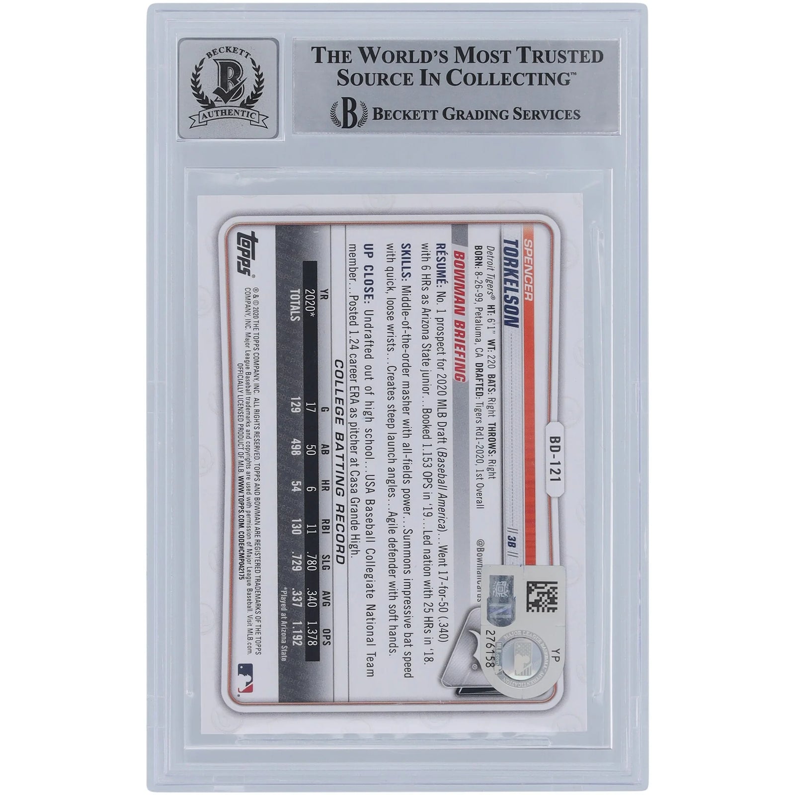 2022 Spencer Torkelson Signed 2020 Bowman Draft #BD-121 Rookie Card | Graded 10