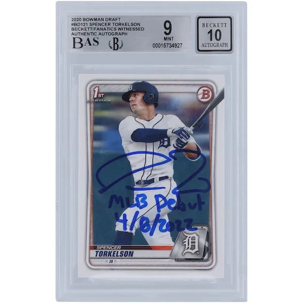 Spencer Torkelson Detroit Tigers Autographed 2020 Bowman Draft #BD-121 Beckett Fanatics Witnessed Authenticated 9/10 Rookie Card with "MLB Debut 4/8/2022" Inscription - F2