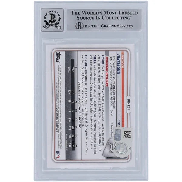 Spencer Torkelson Detroit Tigers Autographed 2020 Bowman Draft #BD-121 Beckett Fanatics Witnessed Authenticated 9/10 Rookie Card with "MLB Debut 4/8/2022" Inscription - F2