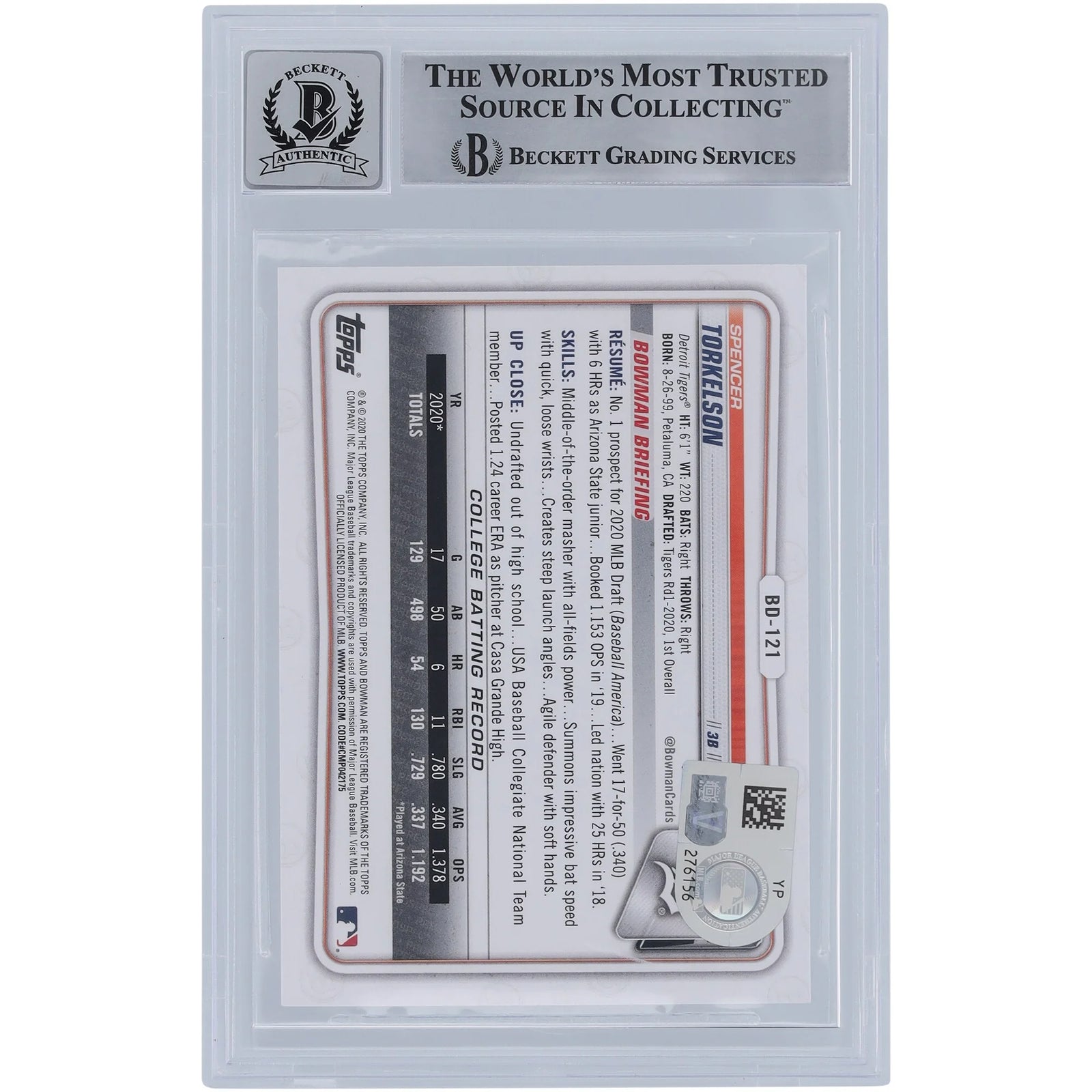Spencer Torkelson Detroit Tigers Autographed 2020 Bowman Draft #BD-121 Beckett Fanatics Witnessed Authenticated 9/10 Rookie Card with "MLB Debut 4/8/2022" Inscription - F2