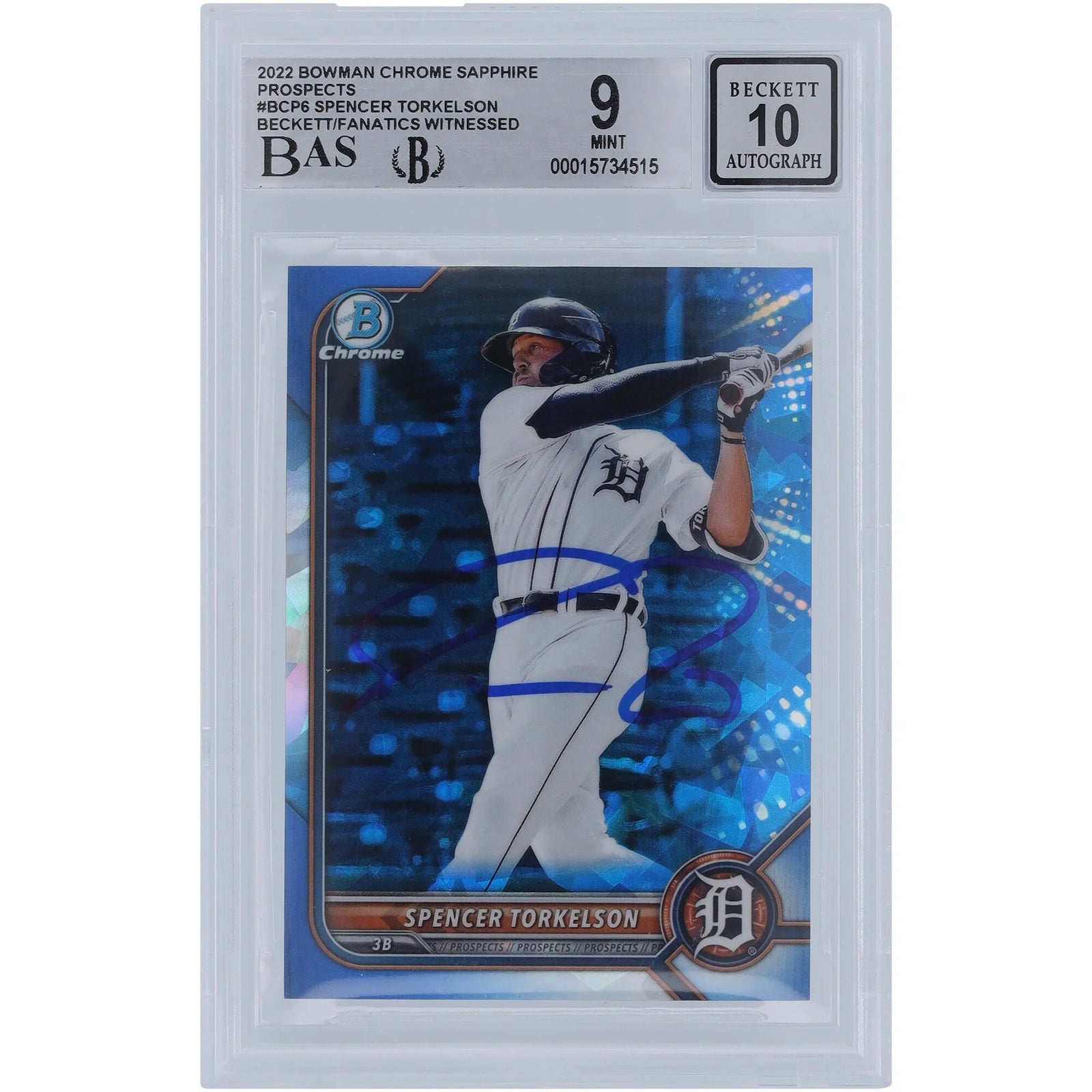 Spencer Torkelson Signed 2022 Bowman Chrome Sapphire #BCP6 Rookie Card | Beckett 9