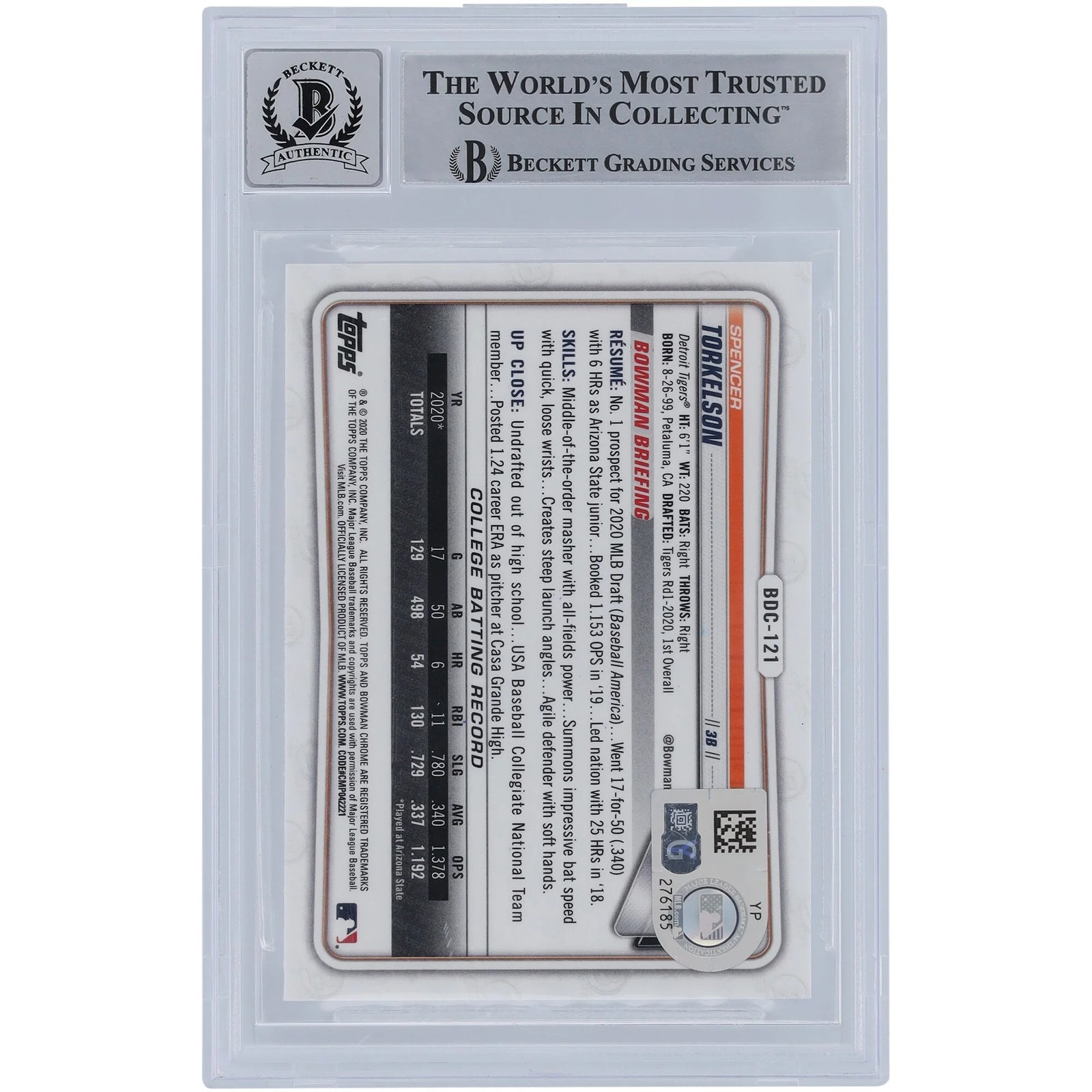 2022 Spencer Torkelson Signed 2020 Bowman Chrome Draft Rookie Card | Beckett 9