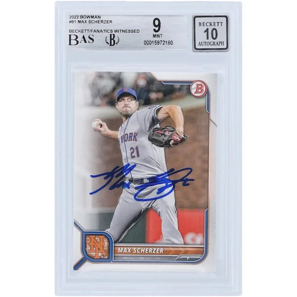 Max Scherzer Signed 2022 Bowman Series 1 #91 Card | Beckett Graded 9