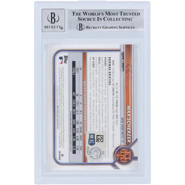 Max Scherzer Signed 2022 Bowman Series 1 #91 Card | Beckett Graded 9