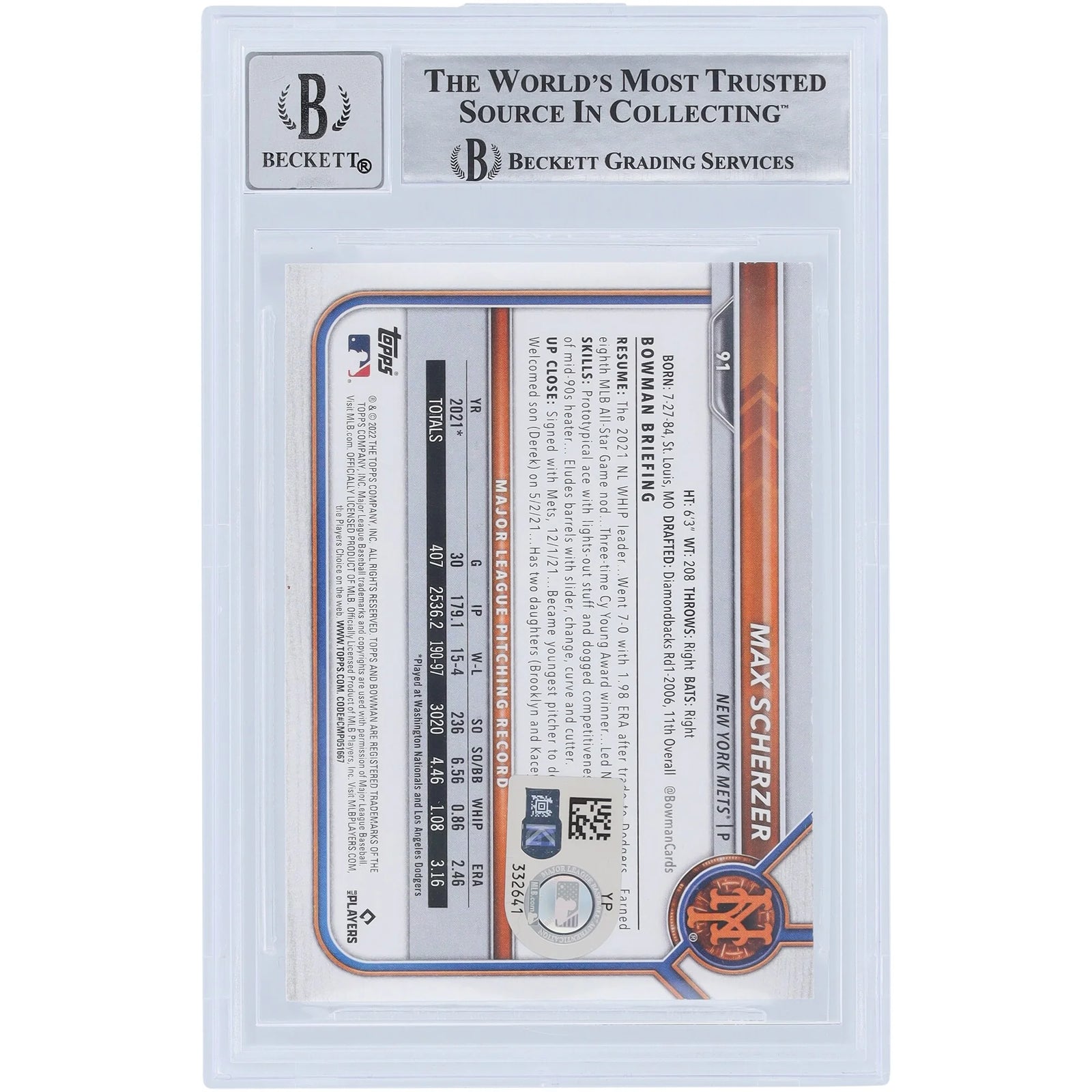 Max Scherzer Signed 2022 Bowman Series 1 #91 Card | Beckett Graded 9