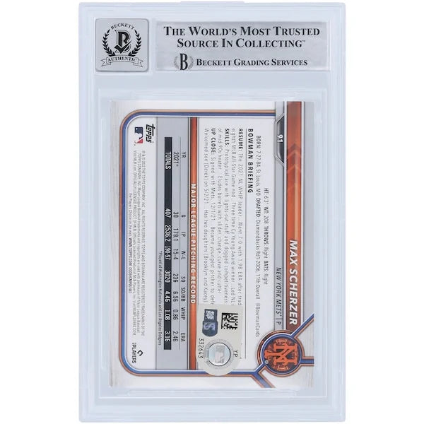 Max Scherzer Signed 2022 Bowman Series 1 #91 Card | Graded 10