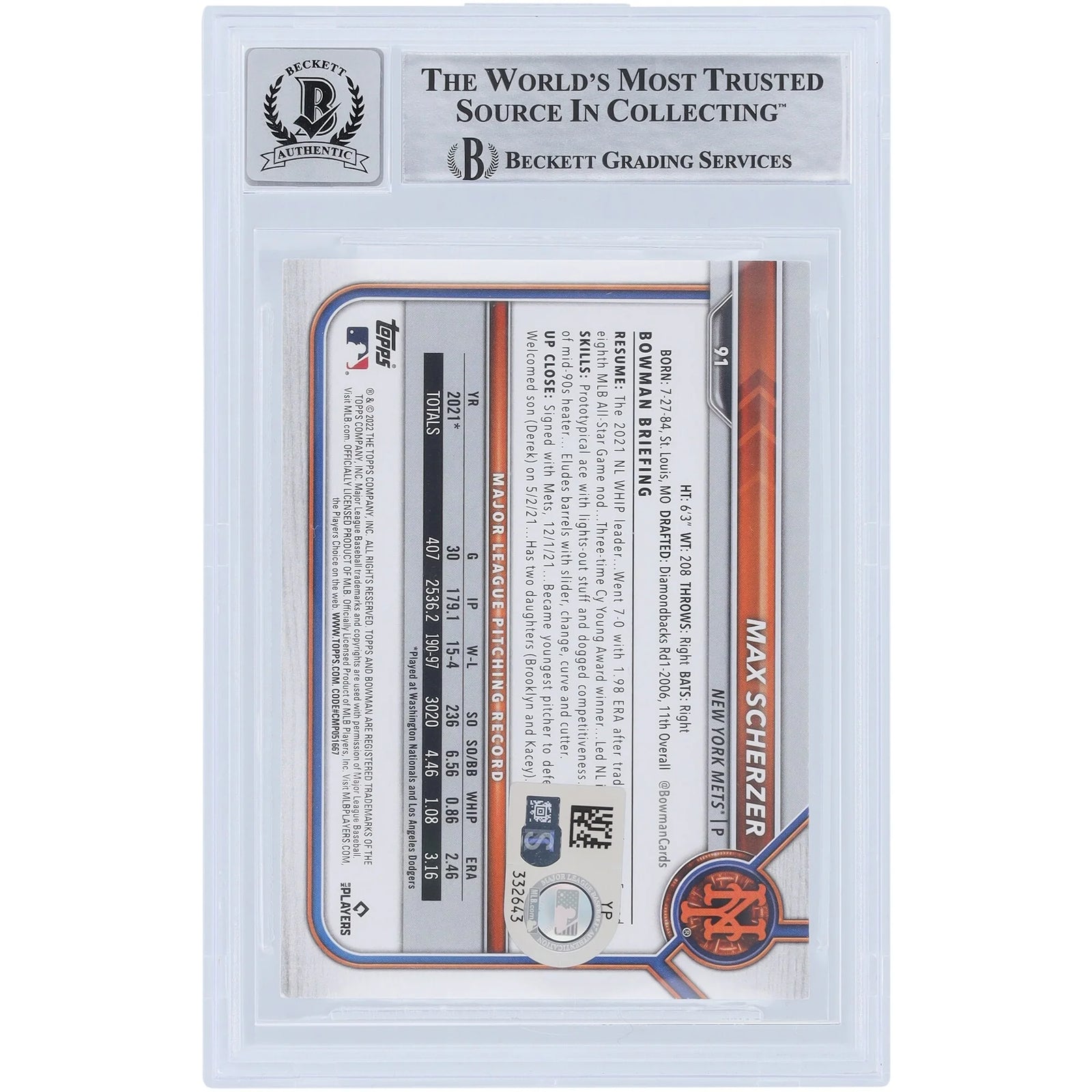 Max Scherzer Signed 2022 Bowman Series 1 #91 Card | Graded 10