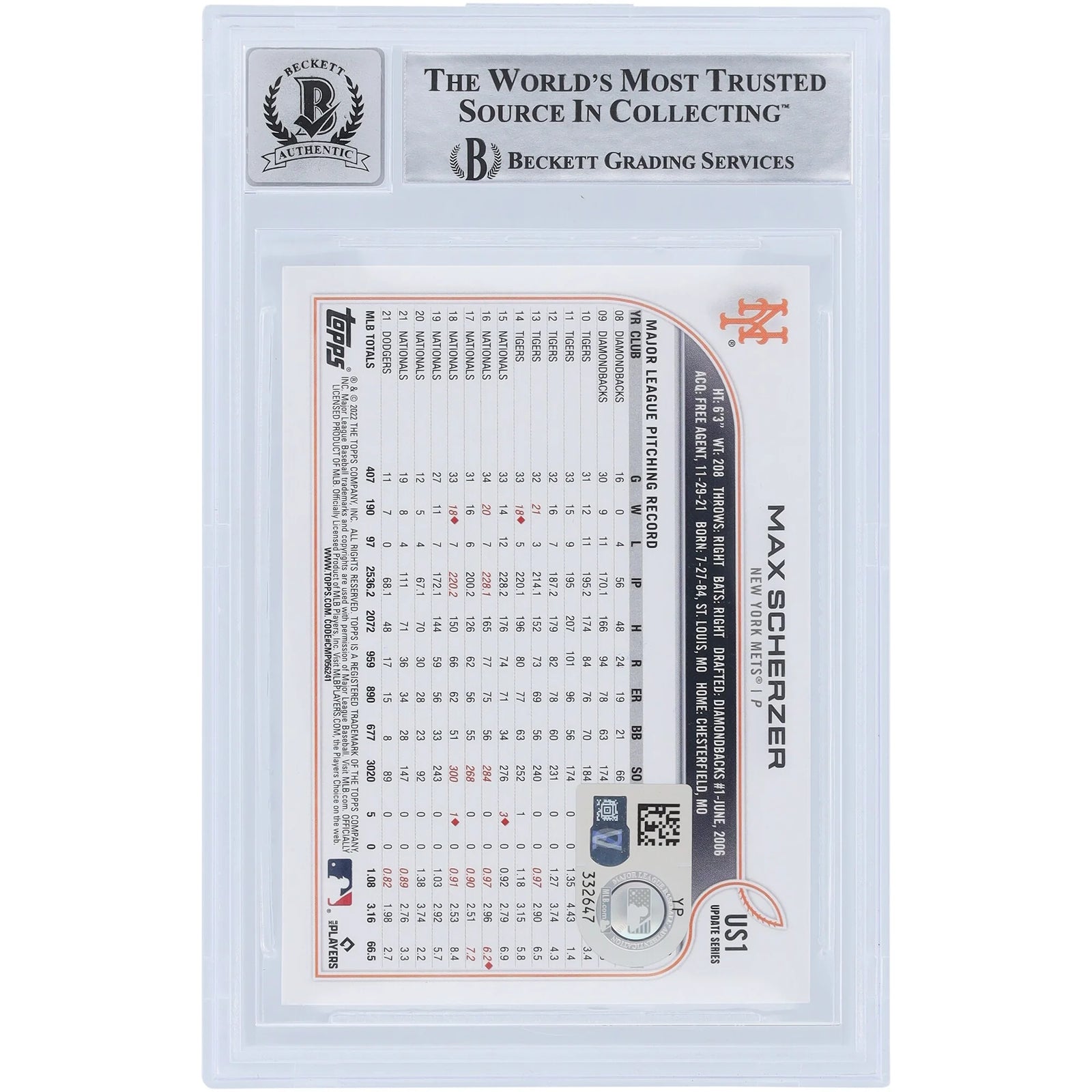 Max Scherzer Signed 2022 Topps Update #US1 Card | Beckett 9
