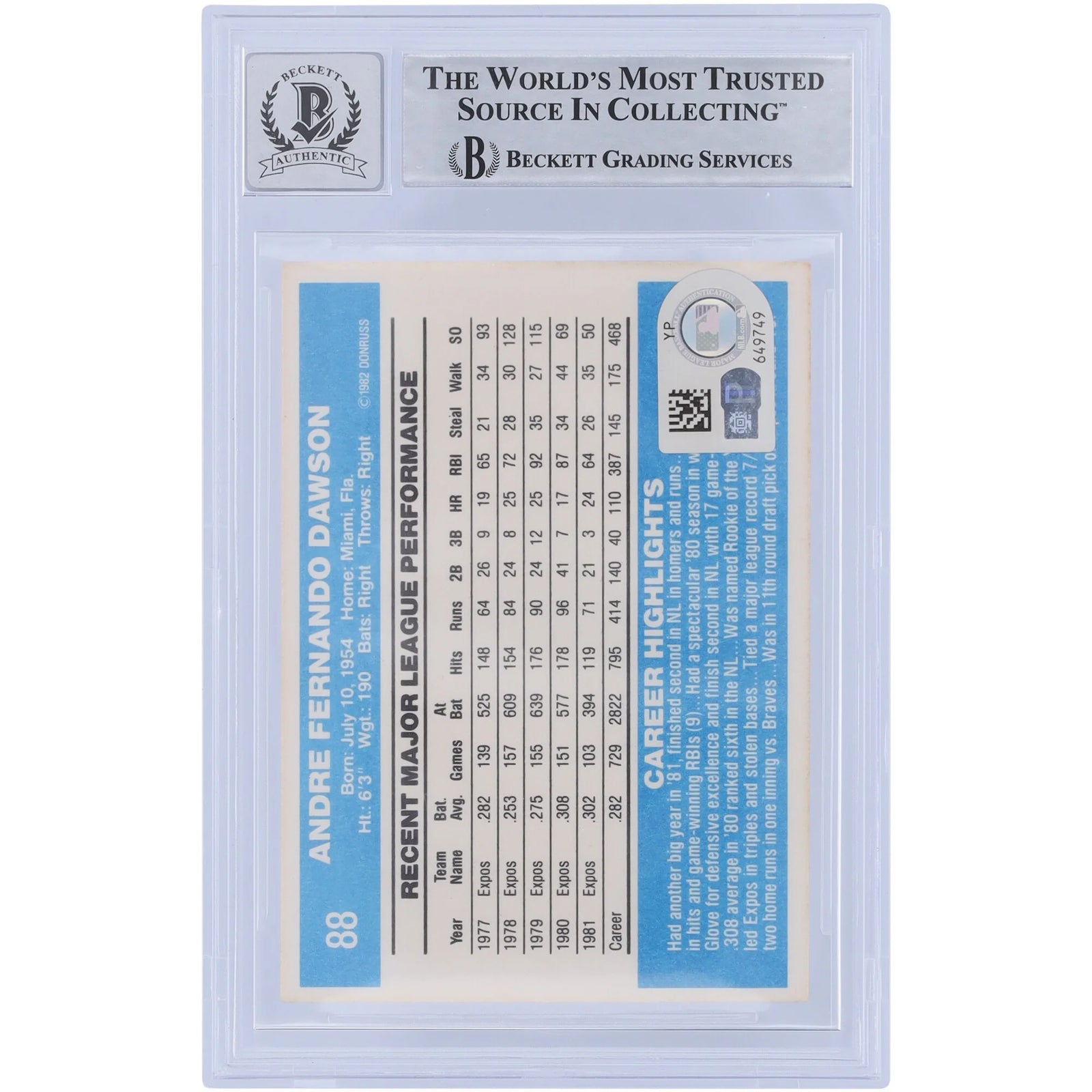 Andre Dawson Signed 1982 Donruss Series 1 #88 | Graded 10 with HAWK Inscription