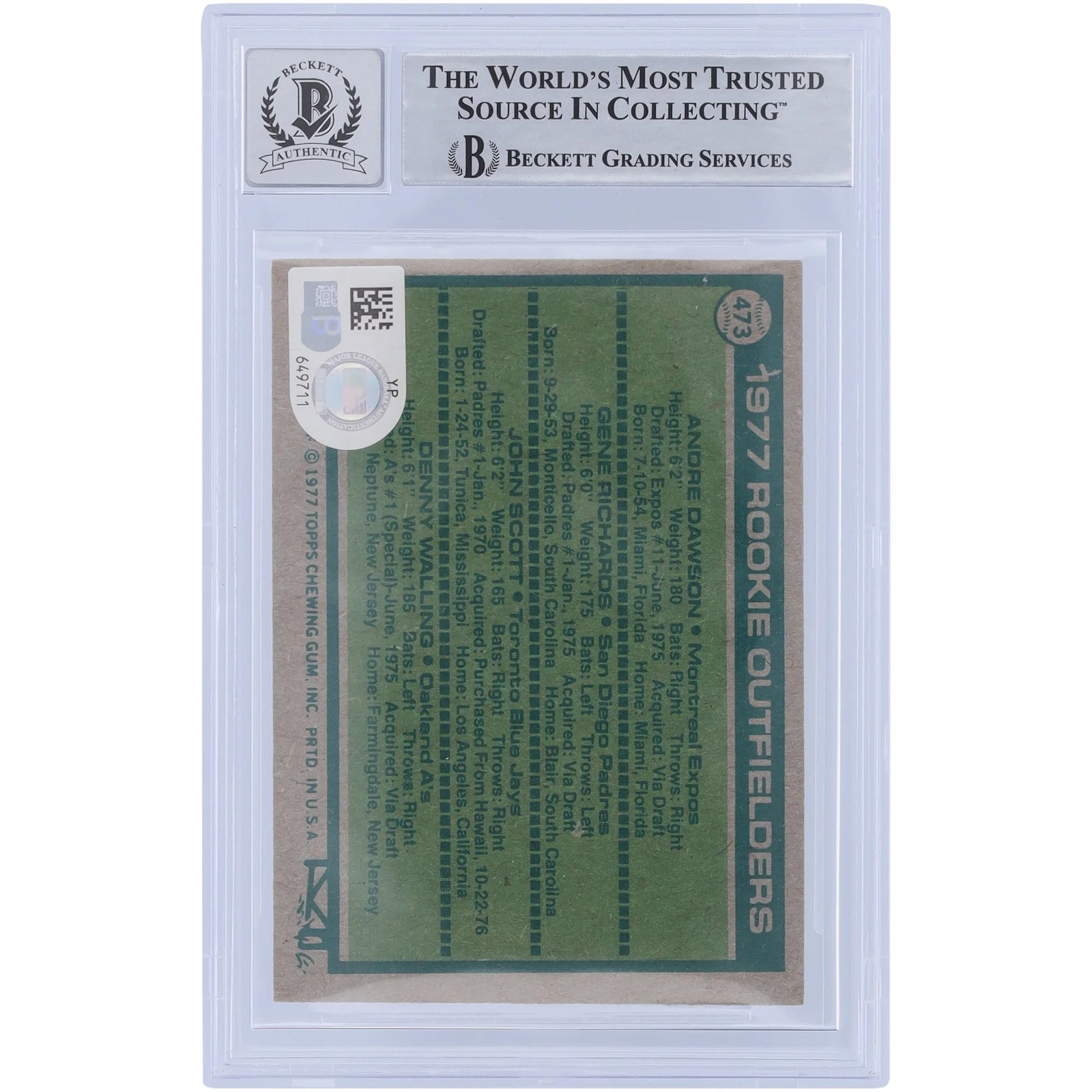 Andre Dawson Signed 1977 Topps Series 2 #473 Rookie Card | Graded 10 with HOF 2010 Inscrip