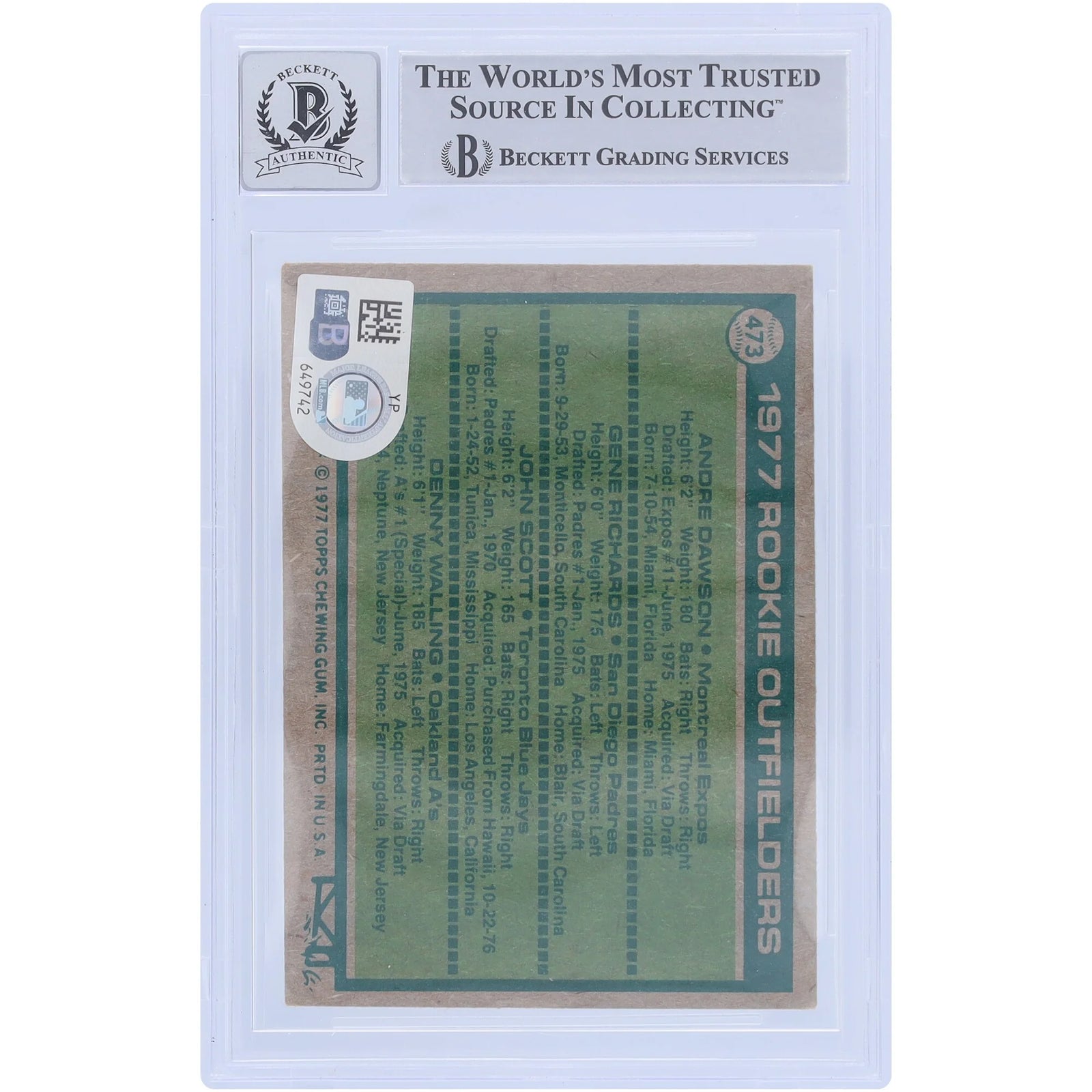 Andre Dawson Signed 1977 Topps Series 2 #473 Rookie Card | Graded 10