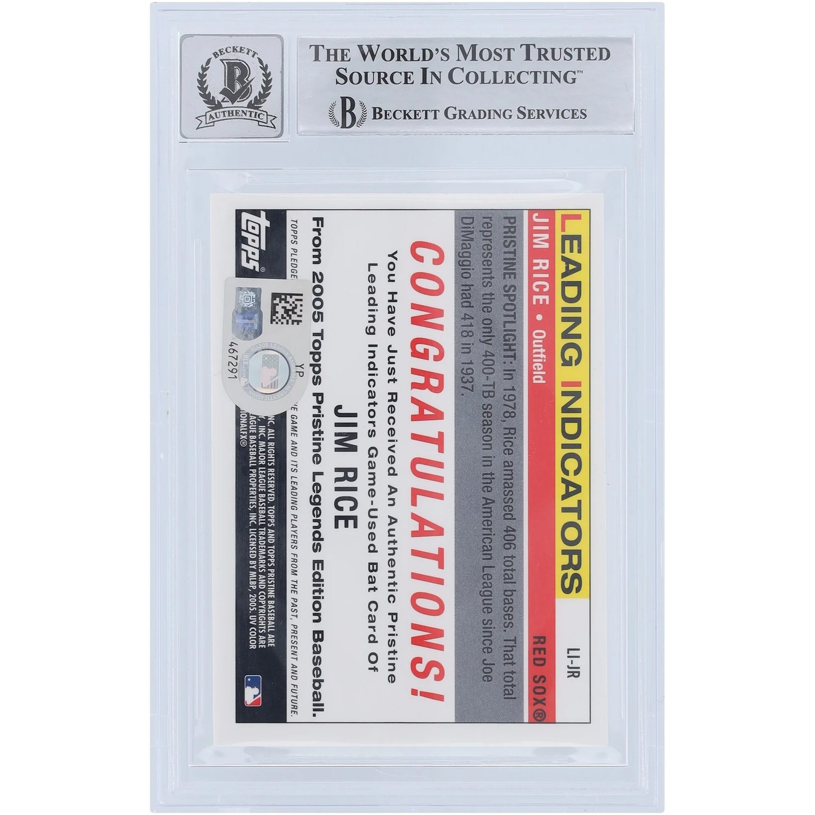 Jim Rice Signed 2005 Topps Pristine Legends Bat Relic Card | Beckett Authenticated