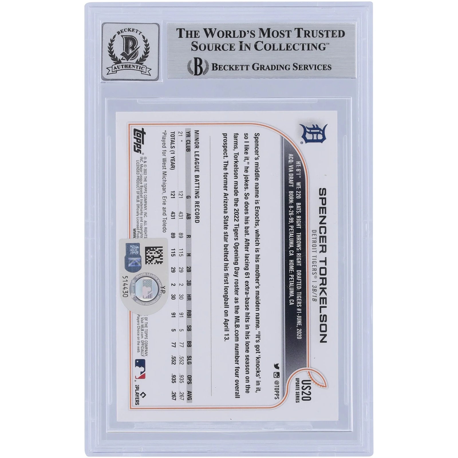 Spencer Torkelson Signed 2022 Topps Update #US20 Rookie Card | Beckett Authenticated