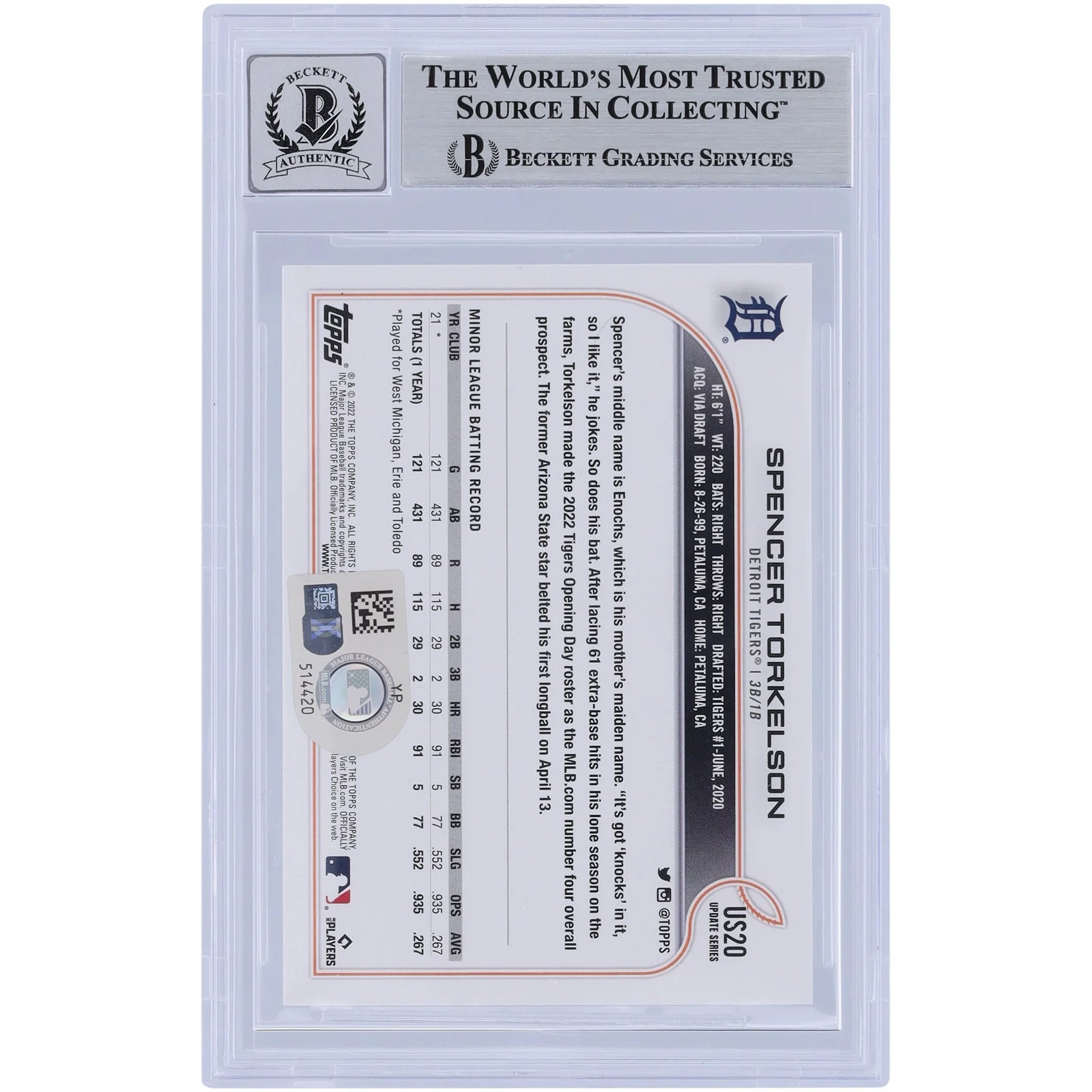 Spencer Torkelson Signed 2022 Topps Update #US20 Rookie Card | Graded 10