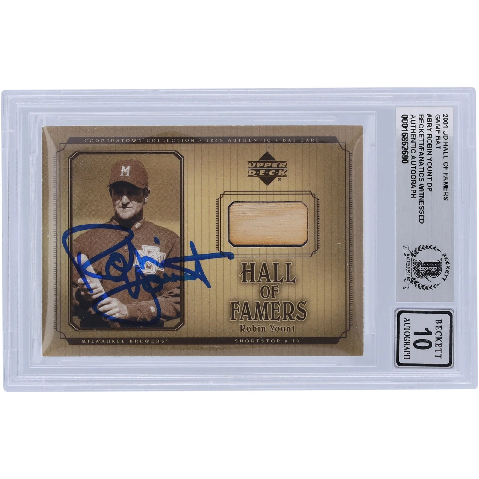Robin Yount Signed 2001 Upper Deck Hall of Famers Game Bat Relic Card | Beckett 10